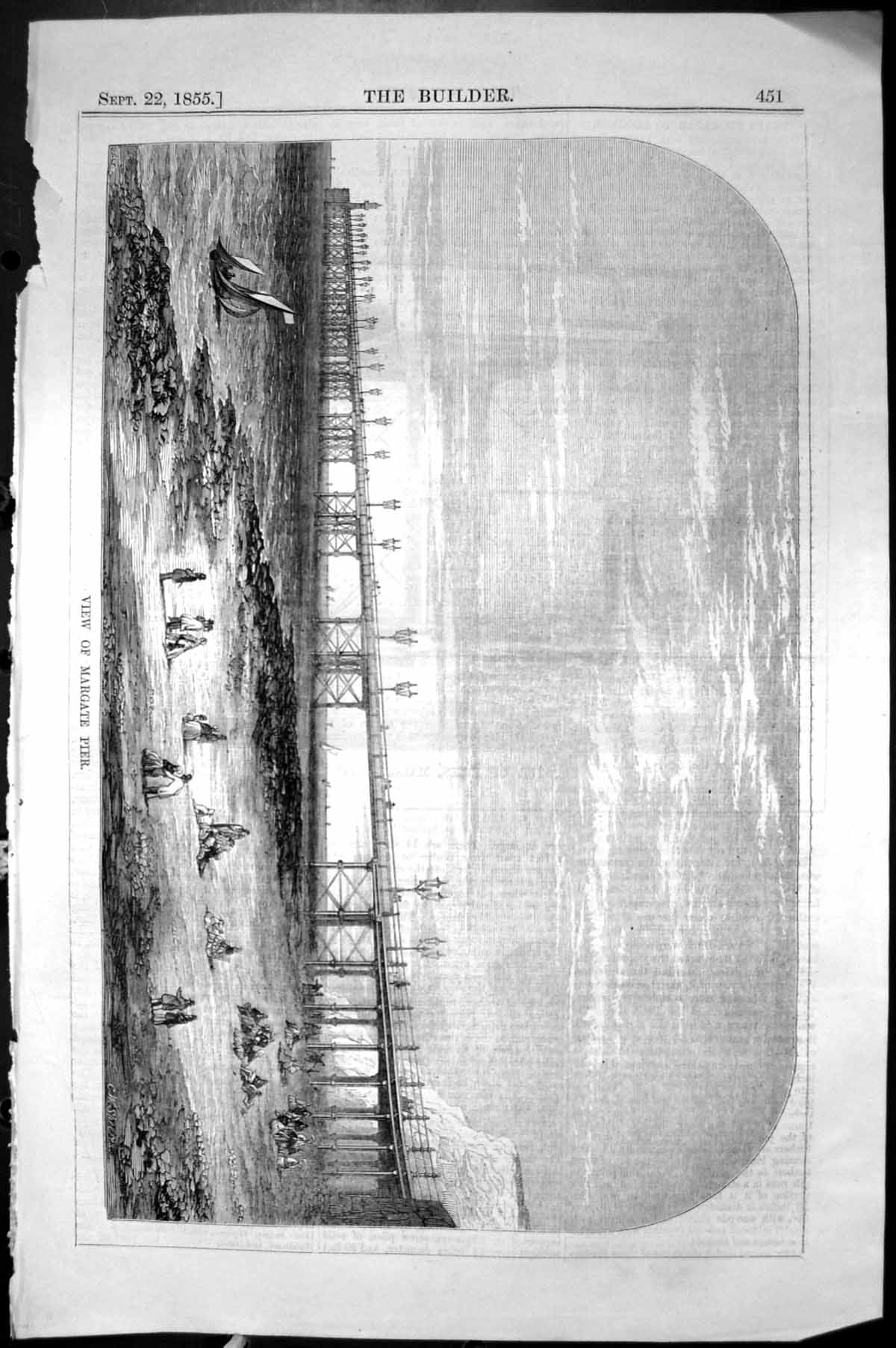 Antique Old Print View Margate Pier England Beach Seaside Scene 1855 Builder