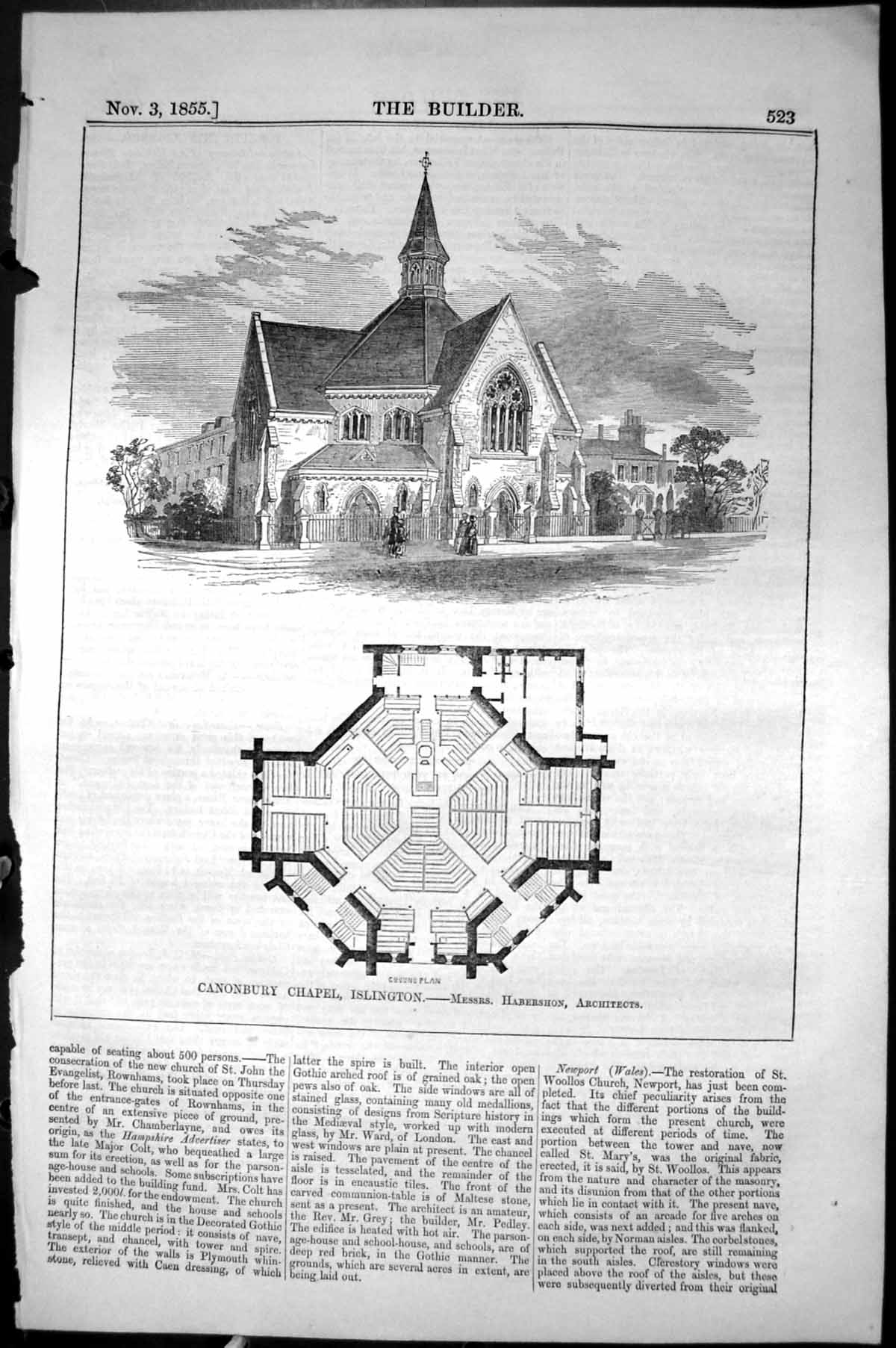 Old Print Canonbury Chapel Islington Habershon Architecture 1855 Builder 19th