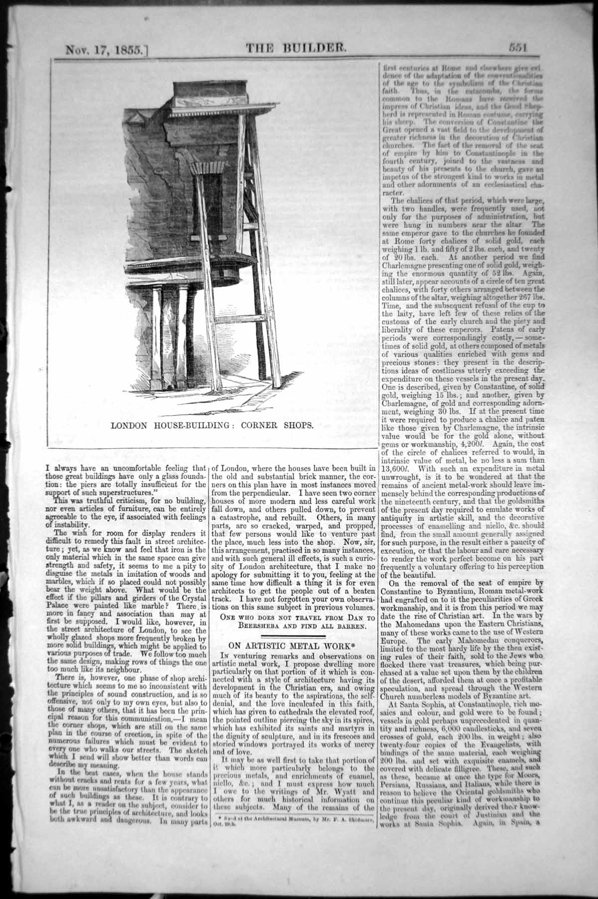 Antique Print London House Building Corner Shops Architecture 1855 Builder 19th
