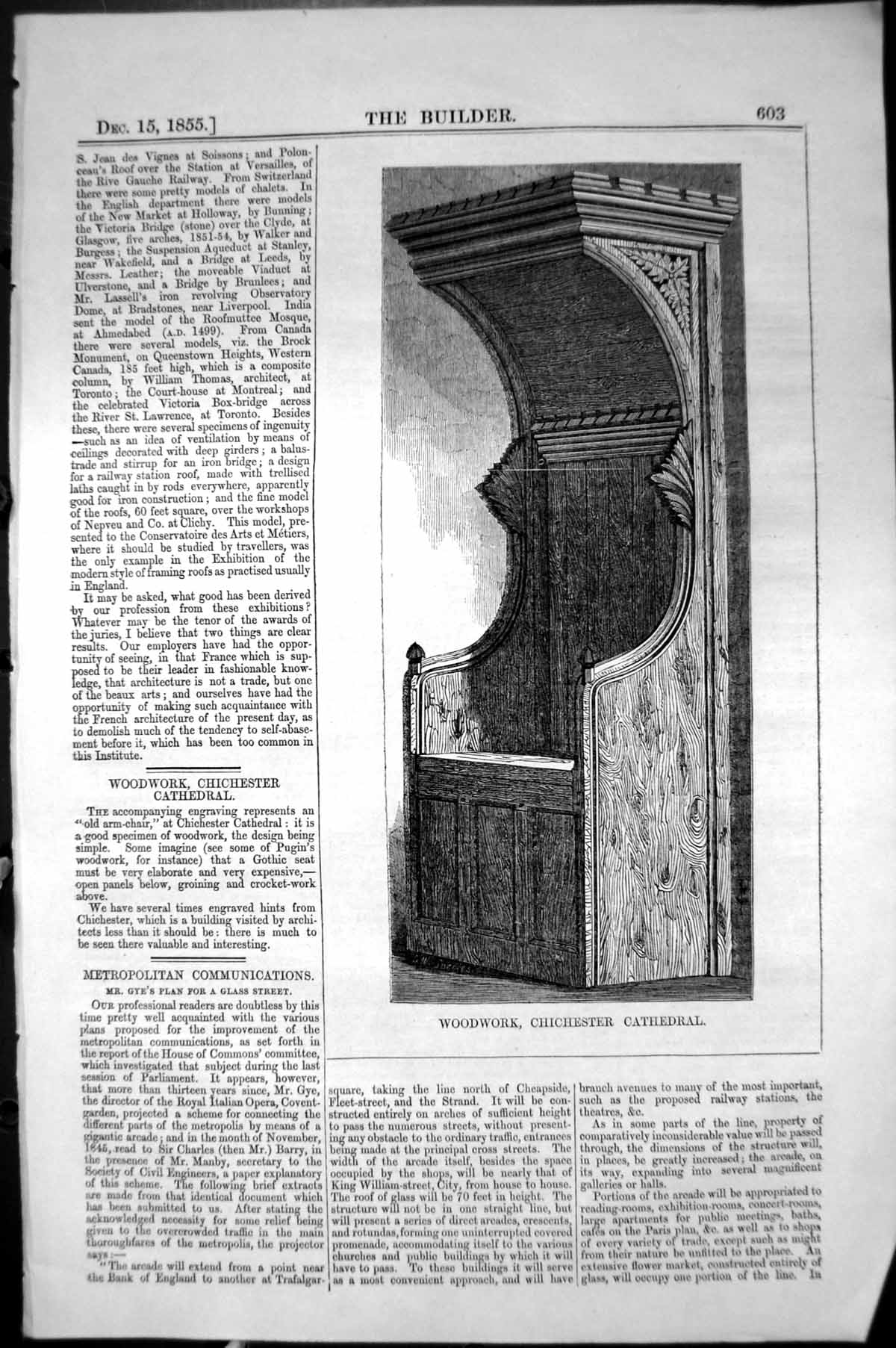 Old Print Woodwork Chichester Cathedral England Architecture 1855 Builder 19th