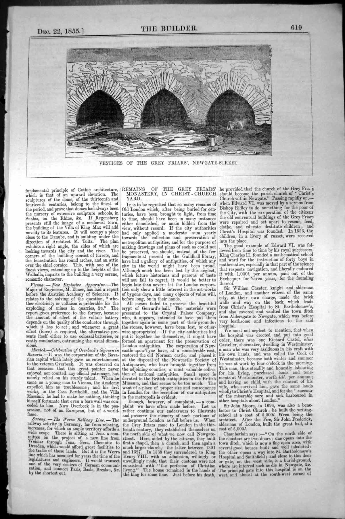 Old Vestiges Grey Friars Monastery Newgate Street Architecture 1855 B Victorian