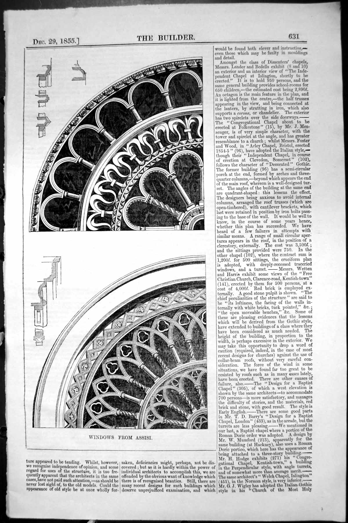 Original Old Antique Print Windows Assisi Architecture 1855 Builder Victorian