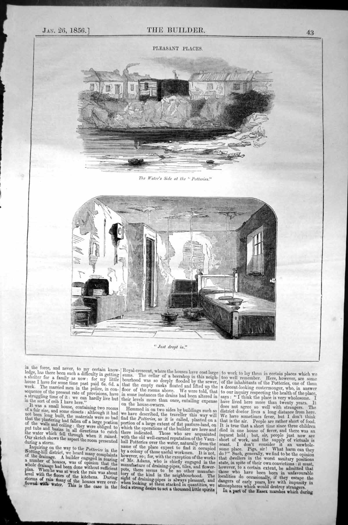Original Old Antique Print Pleasant Places Potteries Architecture 1856 Builder