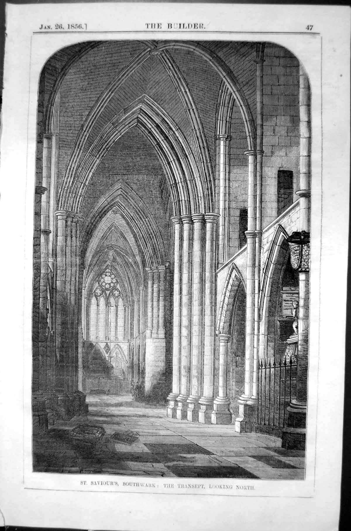 Antique Old Print St. Saviour'S Southwark Transept Architecture 1856 Builder