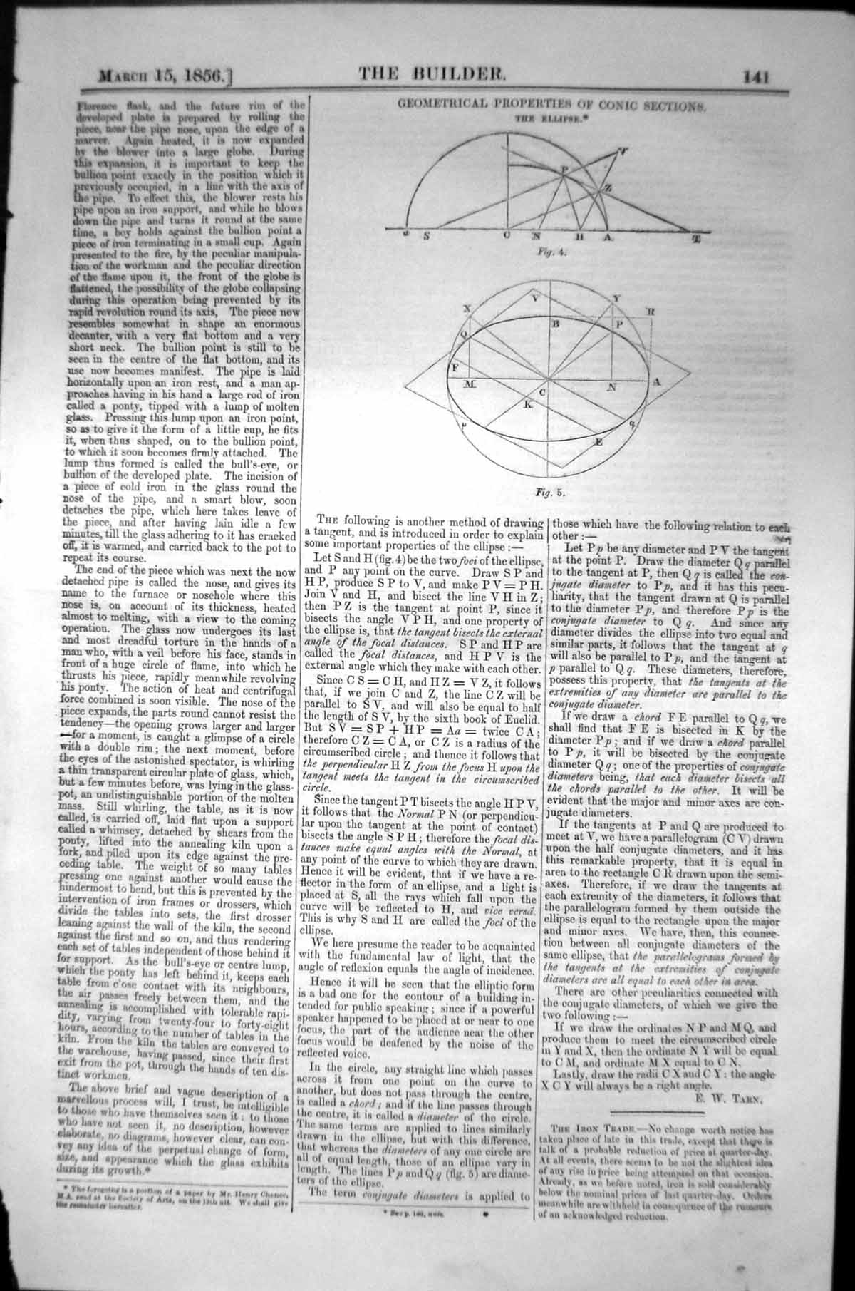 Antique Old Print Geometrical Properties Conic Sections Ellipse 1856 Builder