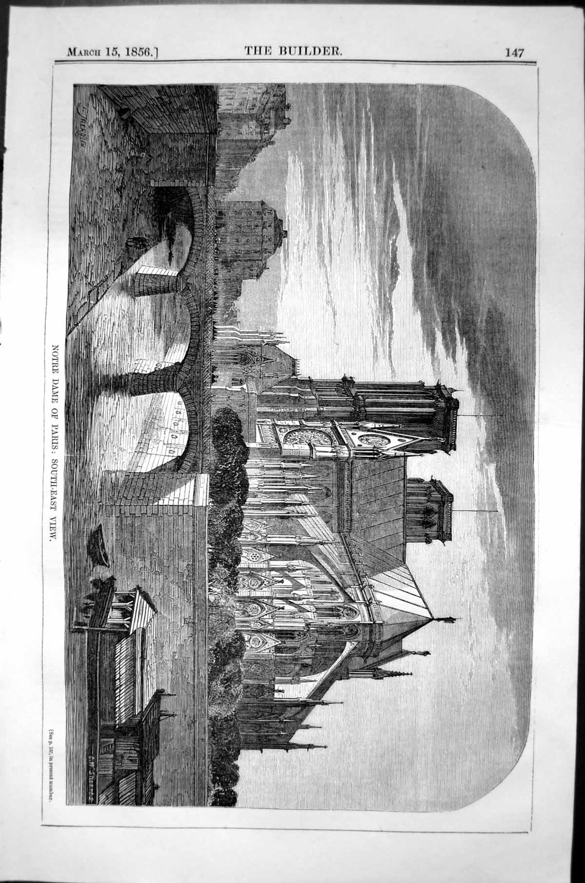 Old Print Notre Dame Paris France River Bridge Architecture 1856 Builder 19th