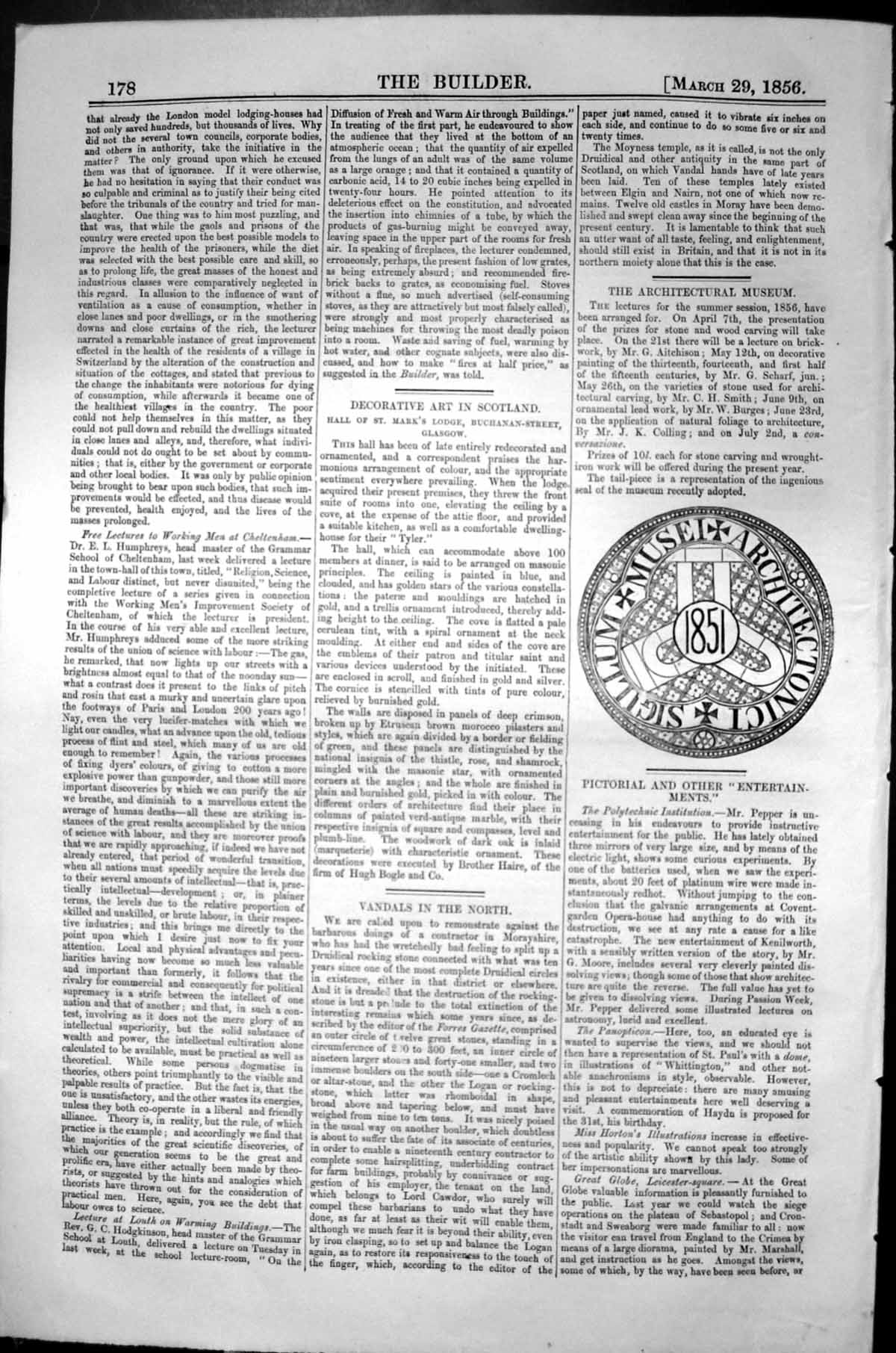 Old Antique Print Pictorial Entertainment Musei Architecture 1856 Builder 19th