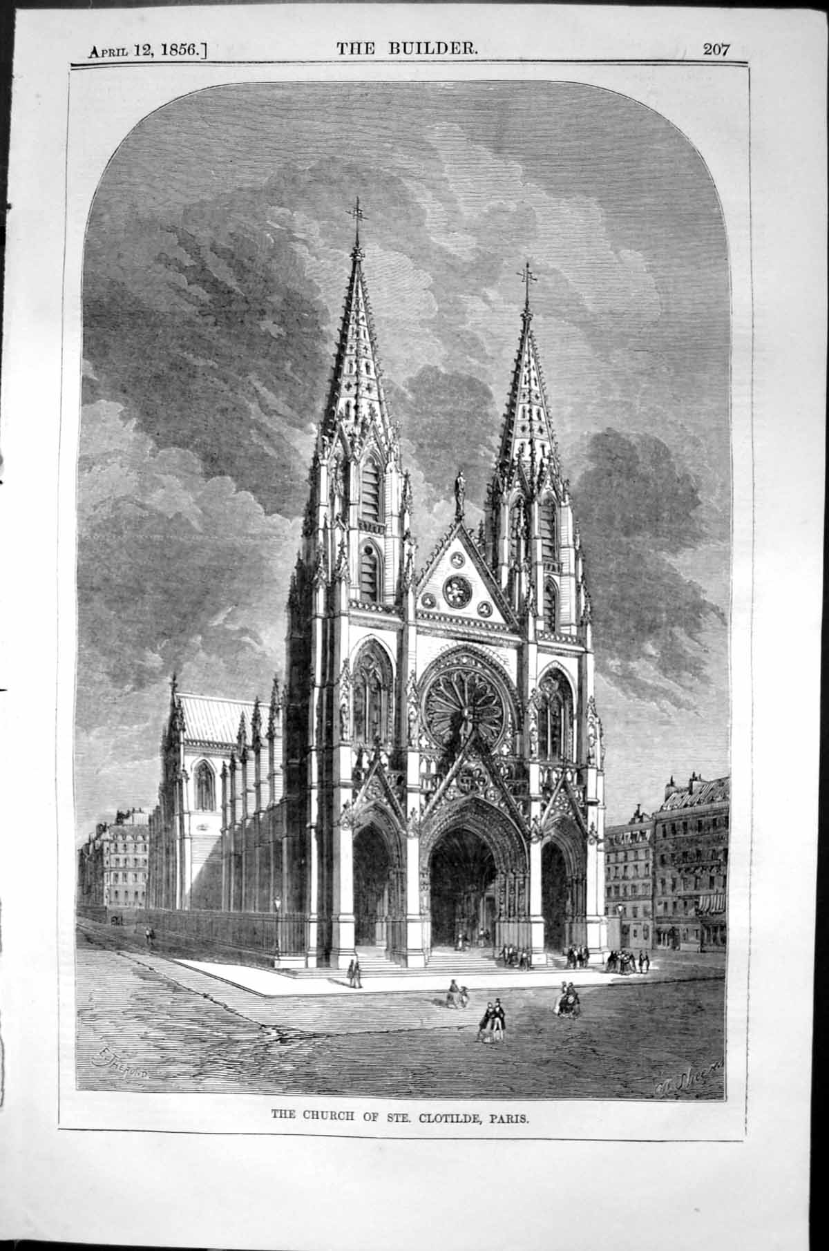 Antique Old Print Church Ste. Clotilde Paris France Architecture 1856 Builder