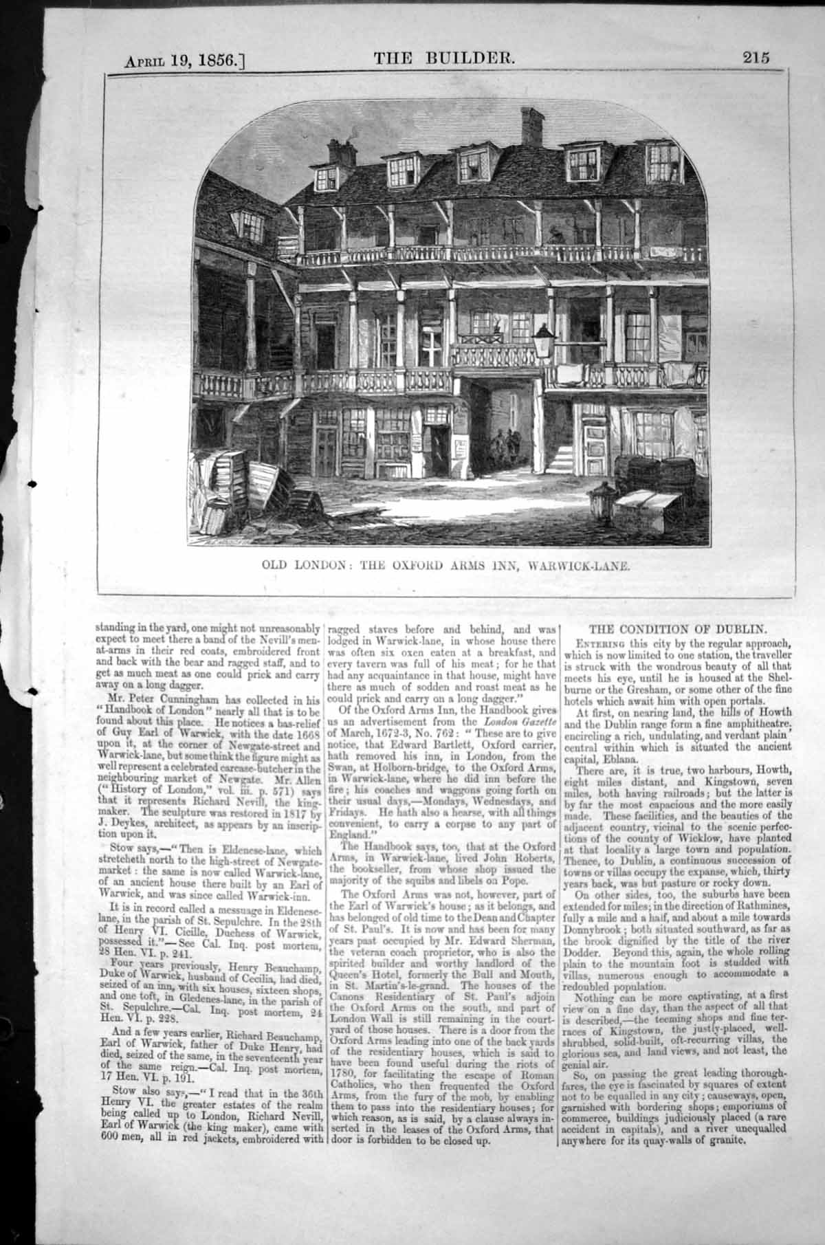 Antique Print London Oxford Arms Inn Warwick Lane Architecture 1856 Builder