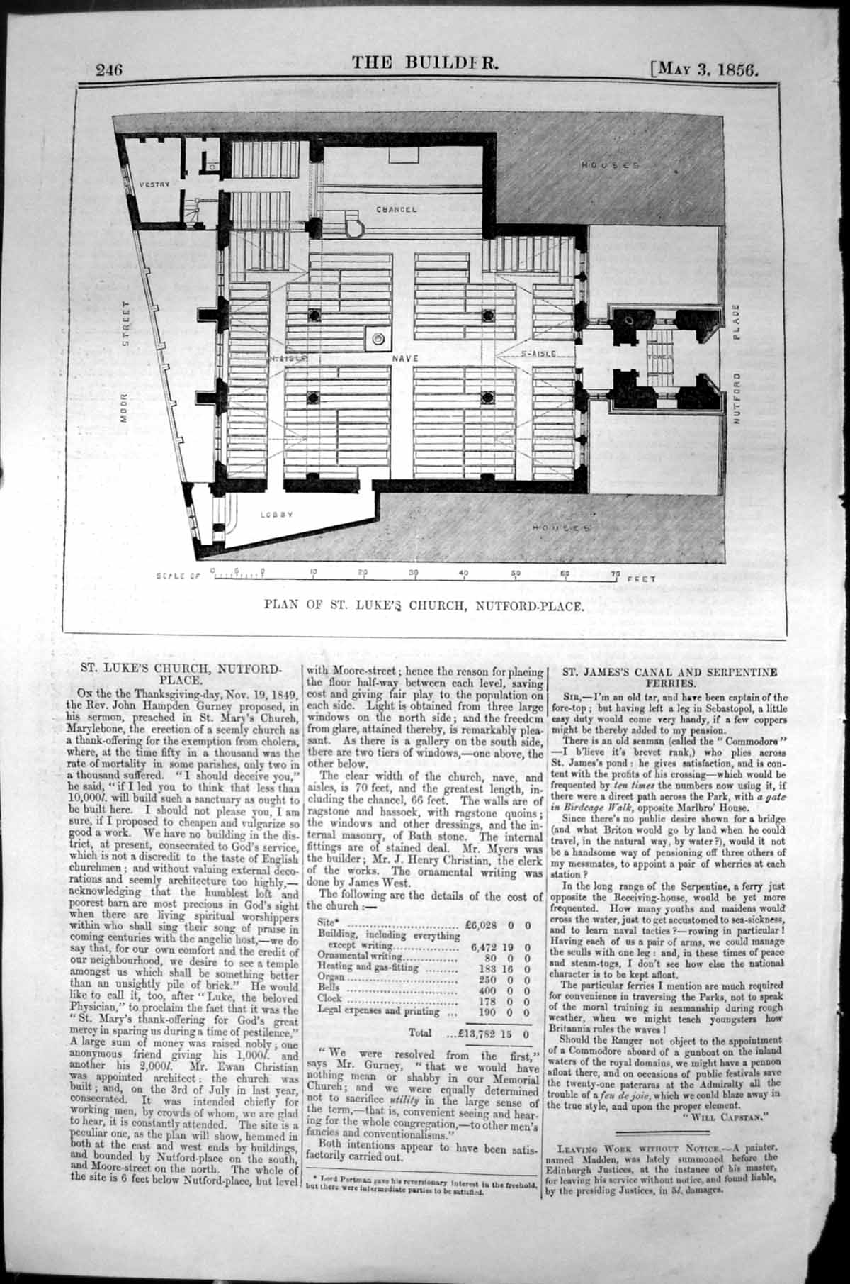 Old Print Plan St. Luke'S Church Nutford Place Architecture 1856 Builder 19th