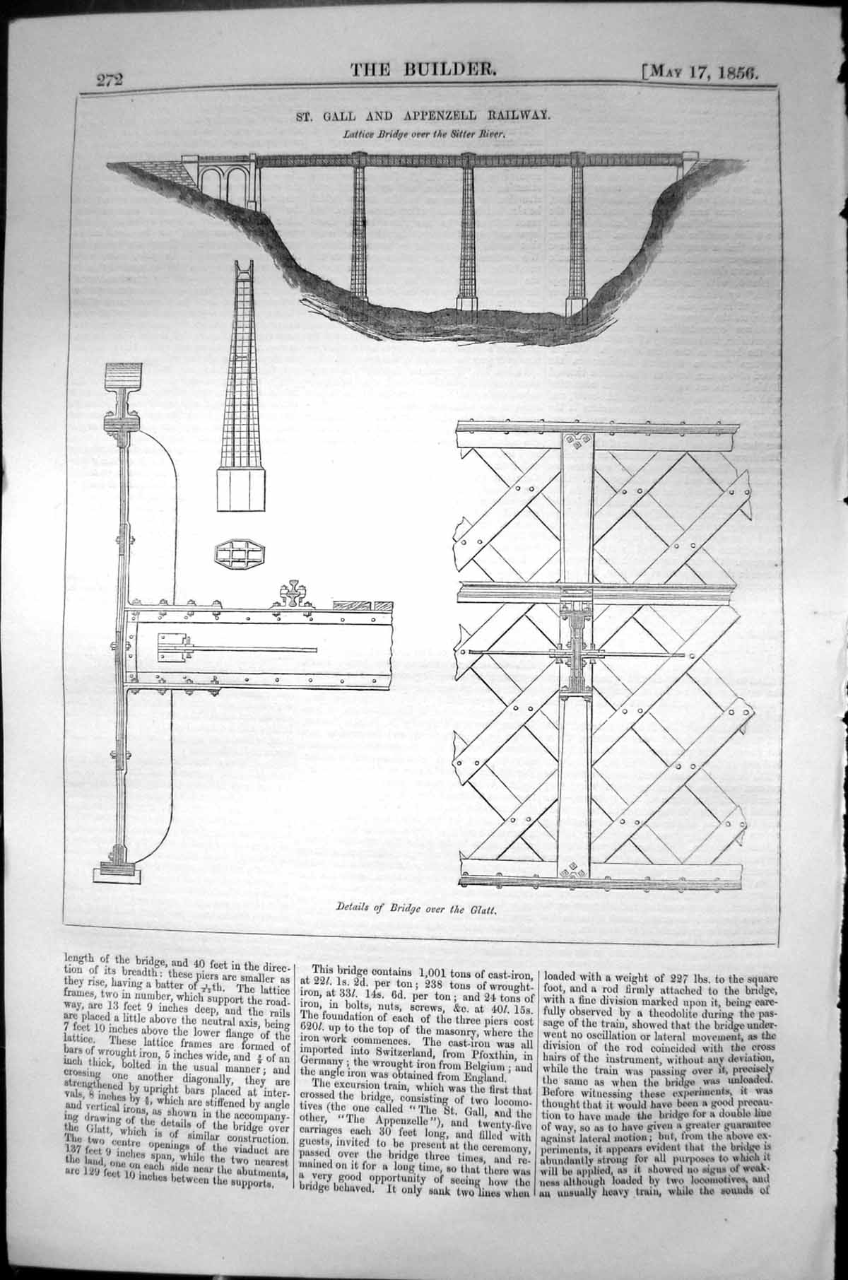 Old St. Gall Appenzell Railway Details Bridge Glatt Engineering 1856 Victorian