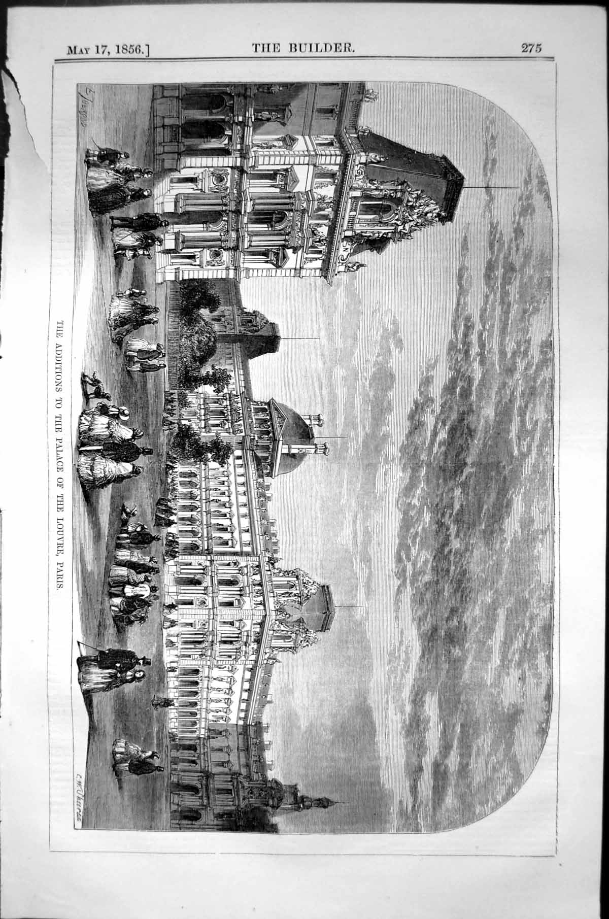 Old Print Additions Palace Louvre Paris France Architecture 1856 Builder 19th