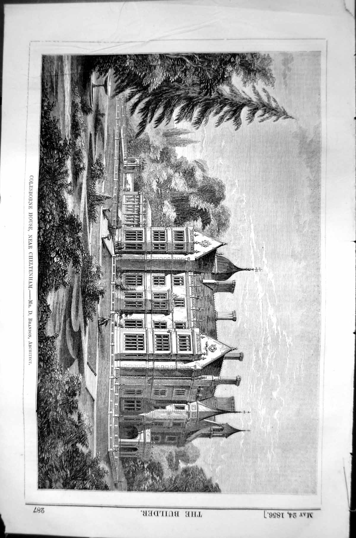 Antique Print Colesborne House Cheltenham Brandon Architecture 1856 Builder