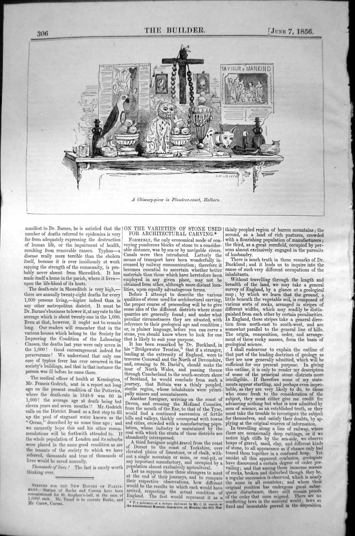 Old Print Architecture 1856 Builder Chimney Piece Plumtree Court Holborn 19th