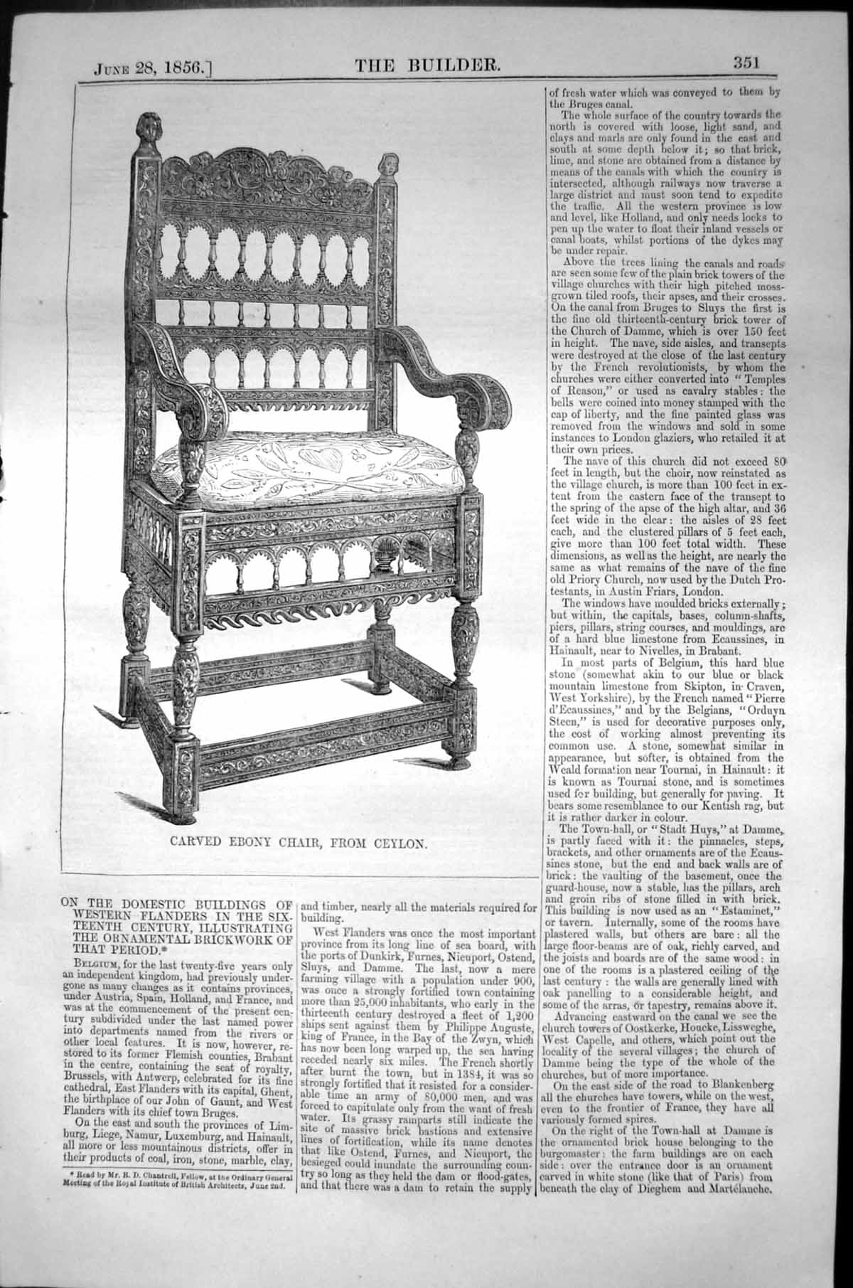 Antique Print Carved Ebony Chair Ceylon Furniture Architecture 1856 Builder