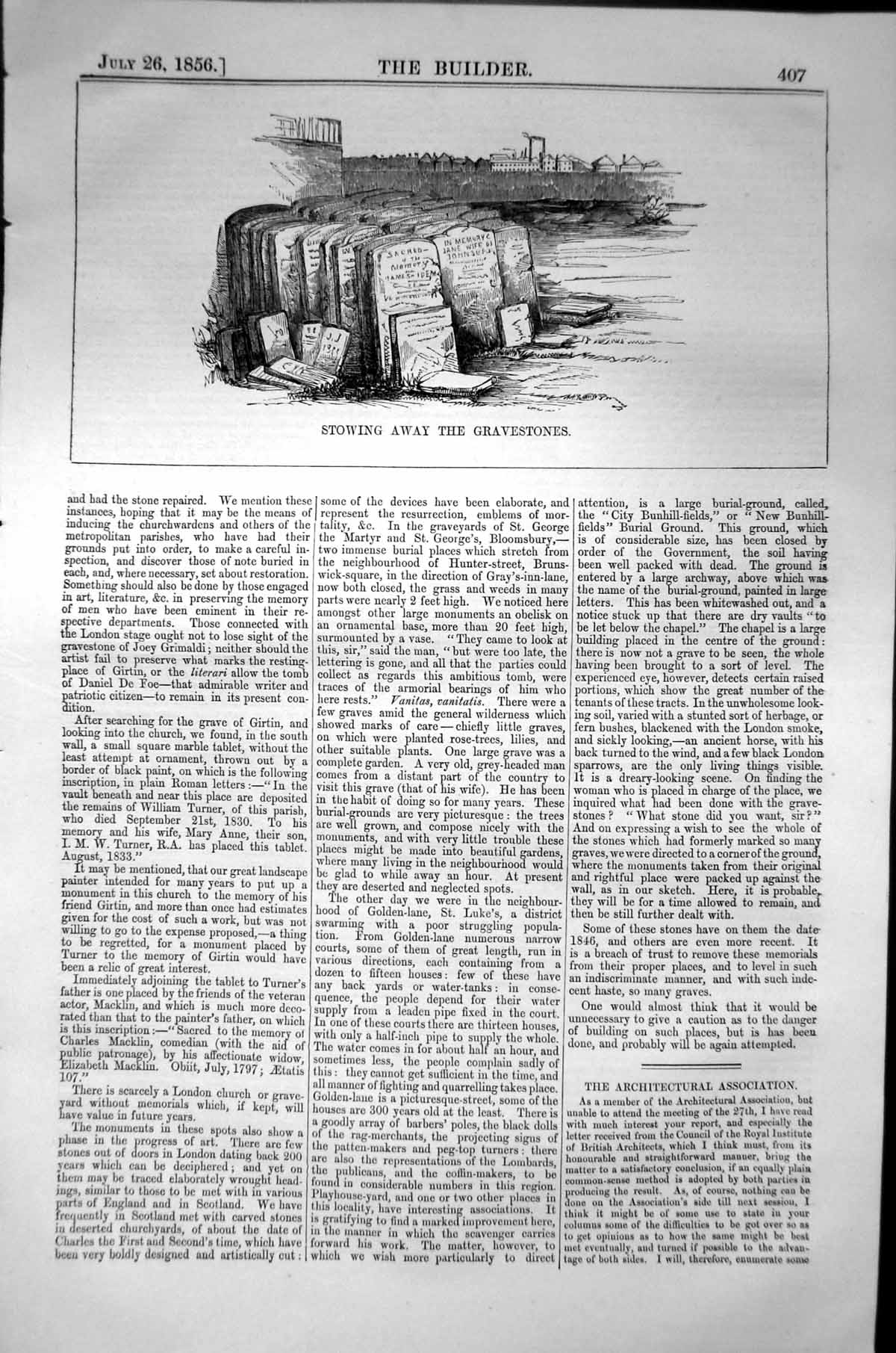 Original Old Antique Print Stowing Away Gravestones 1856 Builder 19th