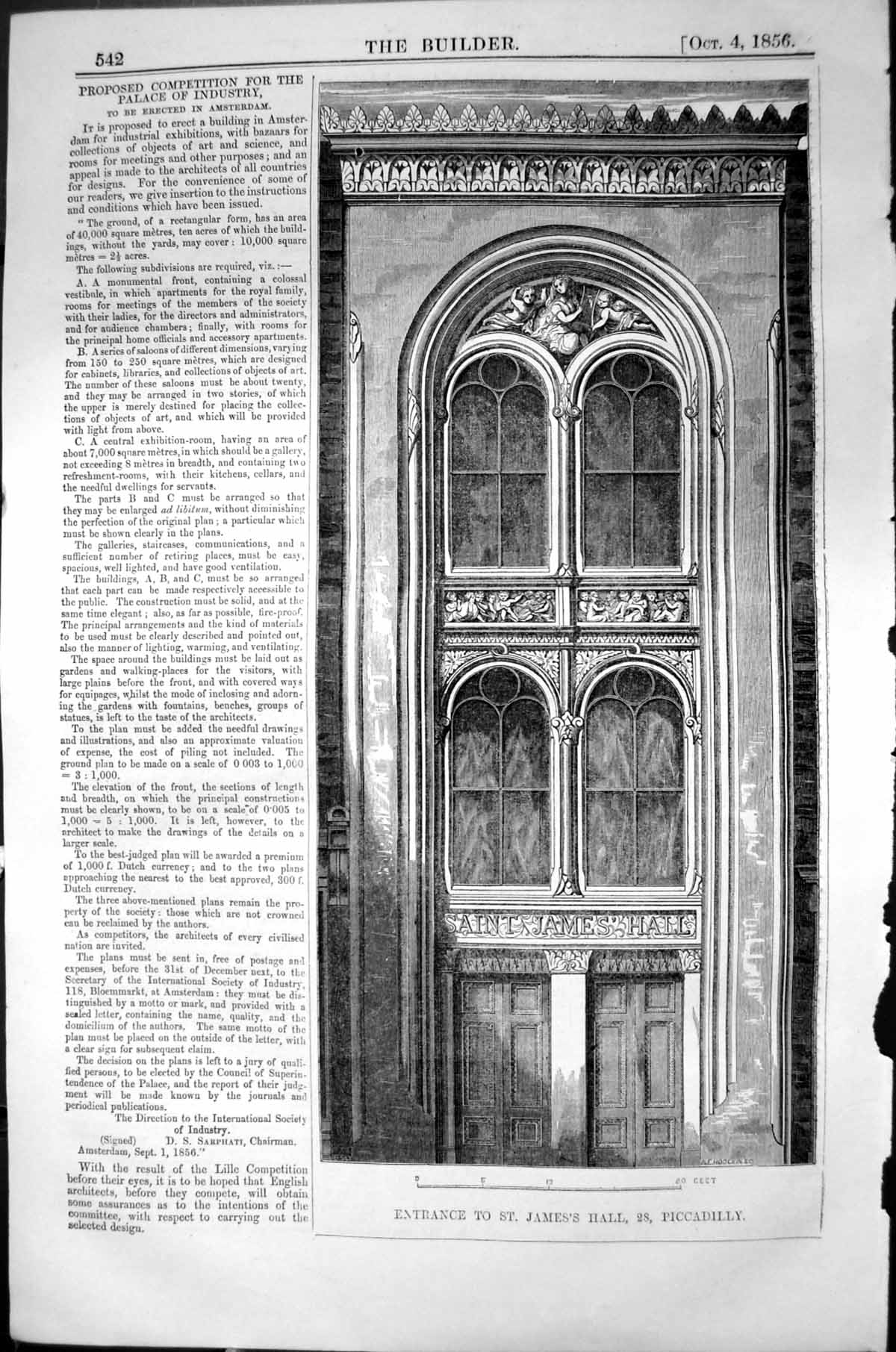 Old Print Entrance St. James'S Hall Piccadilly Architecture 1856 Builder 19th