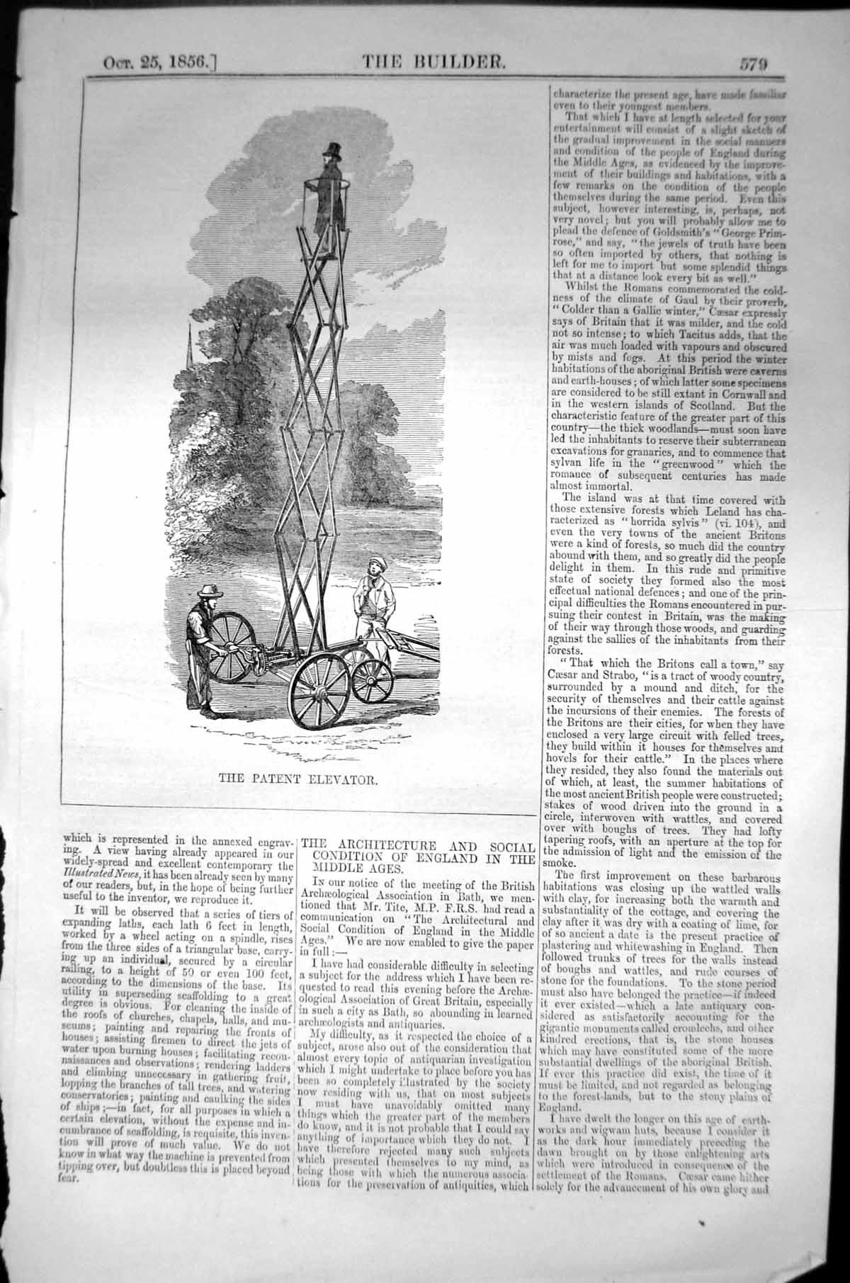 Original Old Antique Print Patent Elevator Wheels Invention 1856 Builder 19th