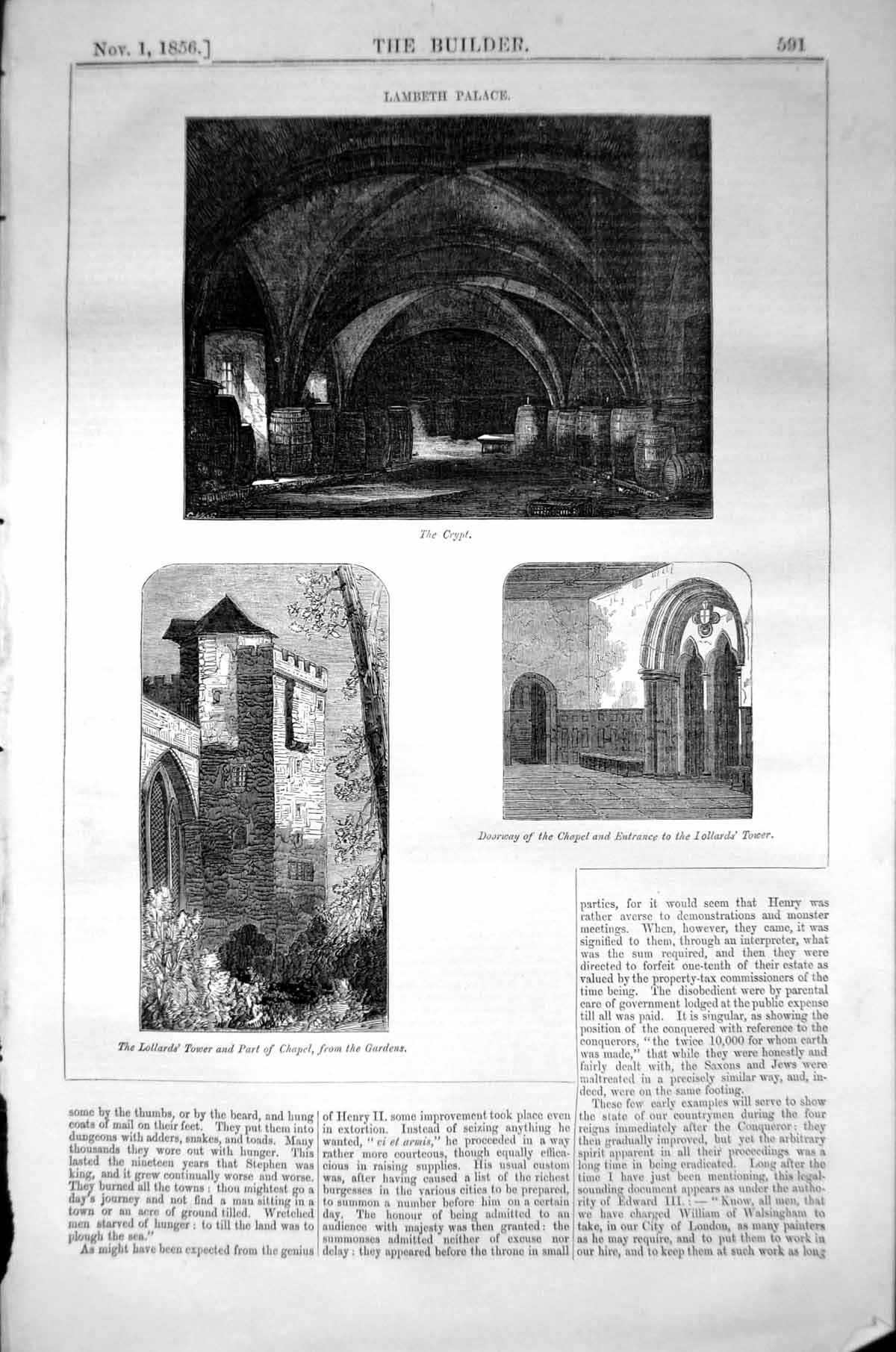 Old Lambeth Palace Crypt Lollards Tower Chapel Architecture 1856 Buil Victorian