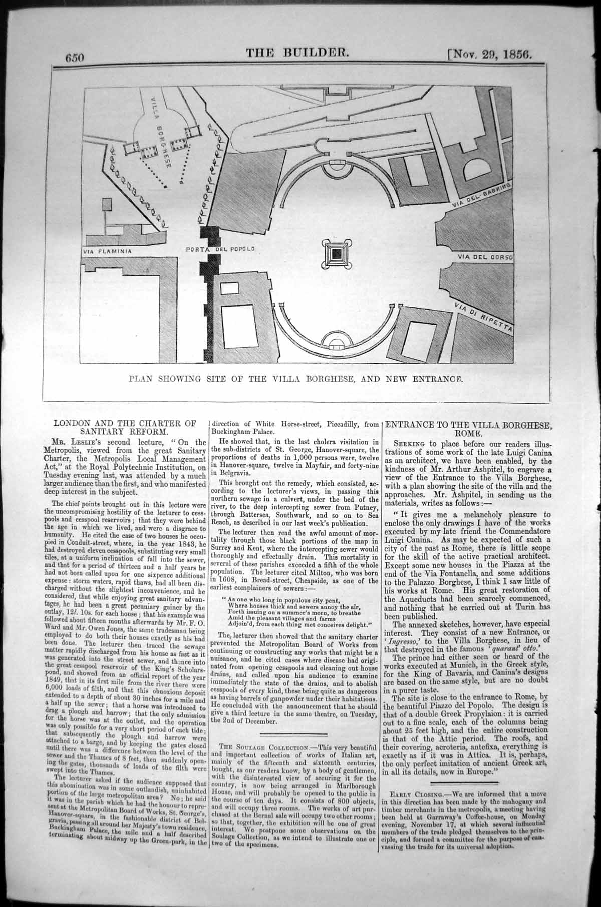 Antique Old Print Plan Site Villa Borghese Entrance Architecture 1856 Builder