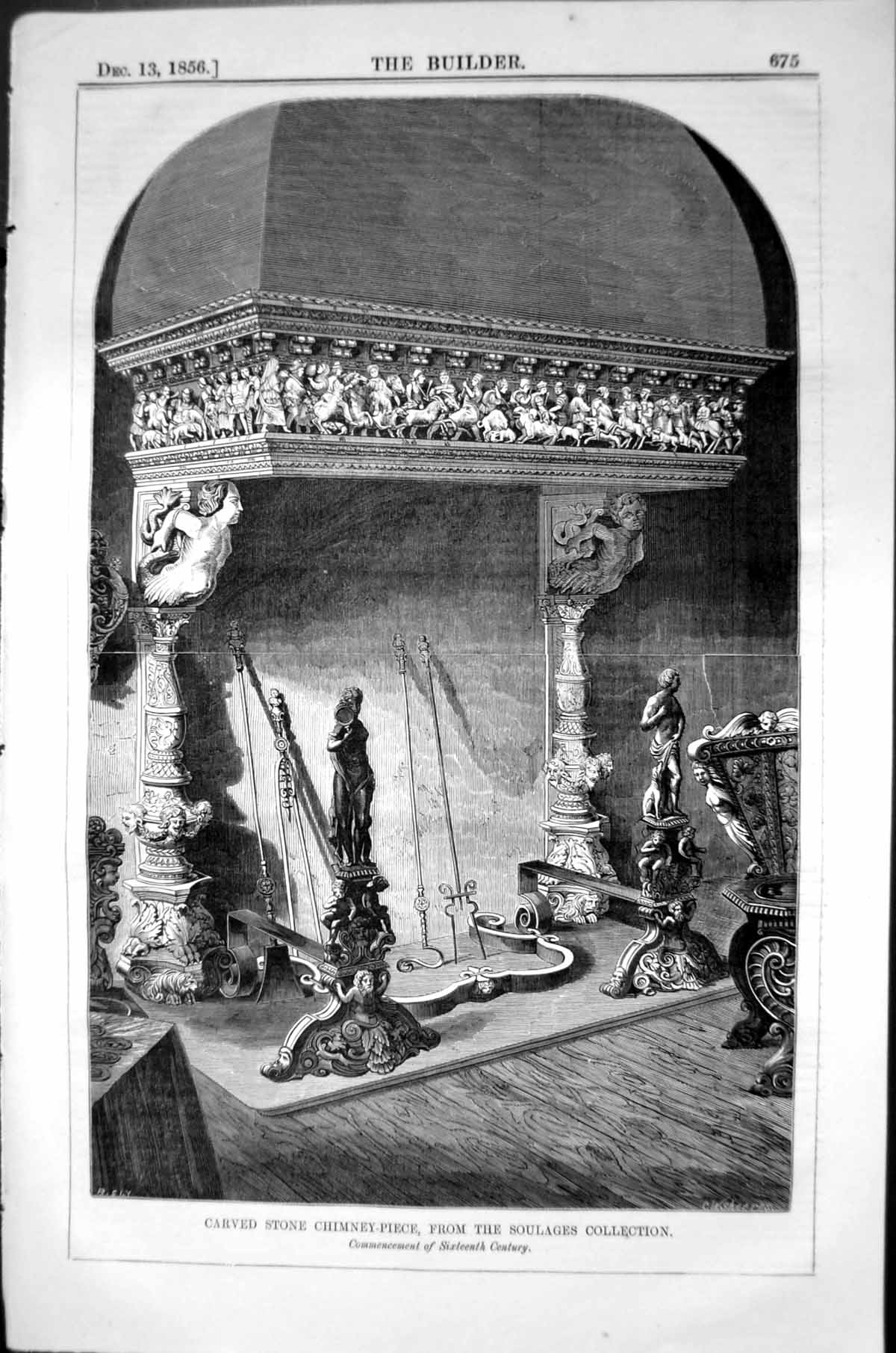 Antique Old Print Carved Stone Chimney Piece Soulages Collection 1856 Builder