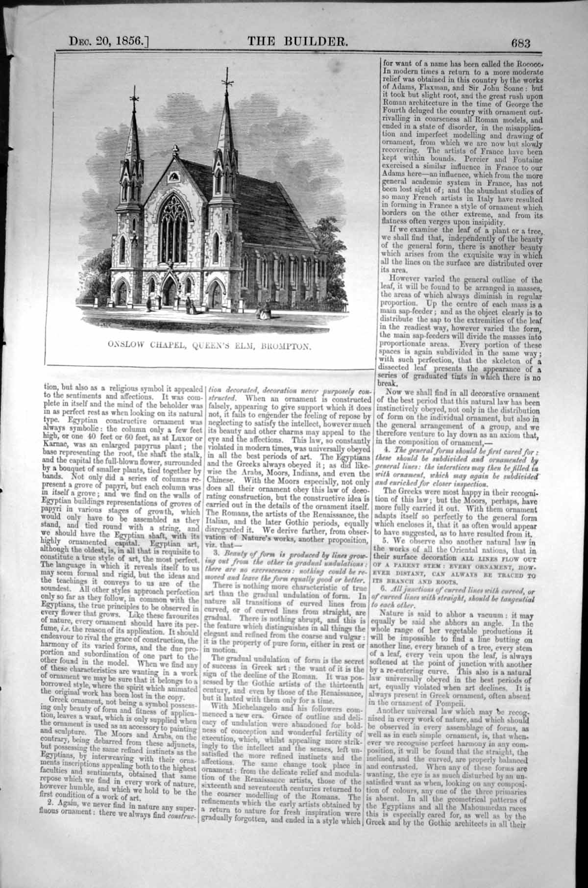 Antique Print Onslow Chapel Queen'S Elm Brompton Architecture 1856 Builder 19th