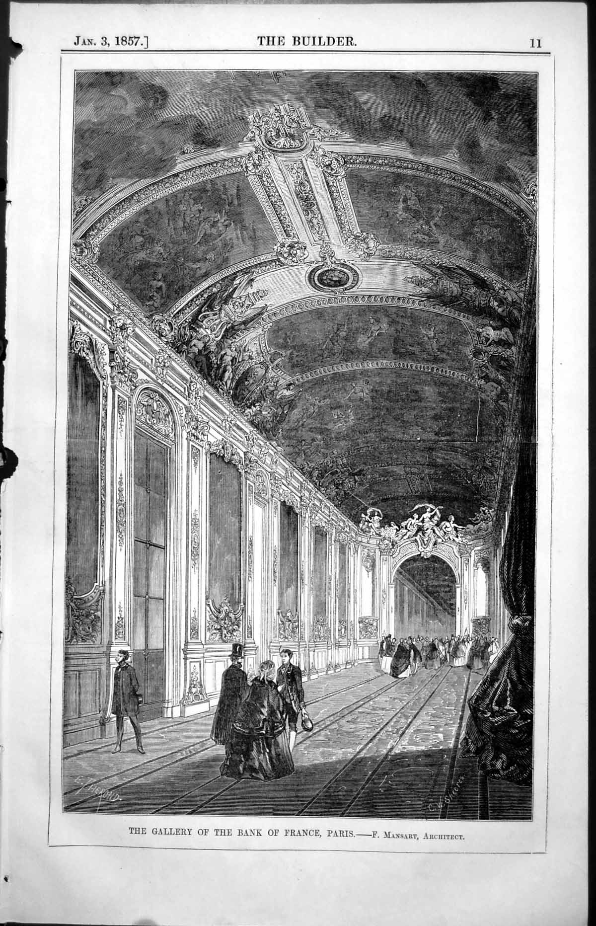 Original Old Antique Print Gallery Bank France Paris F Mansart Architect 1857