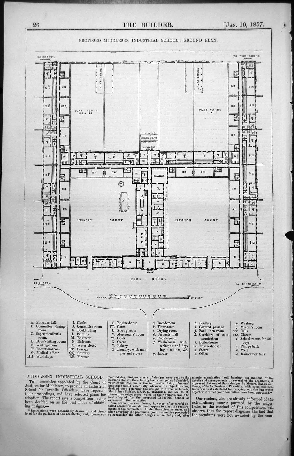 Old Antique Print Proposed Middlesex Industrial School Ground Plan 1857 19th