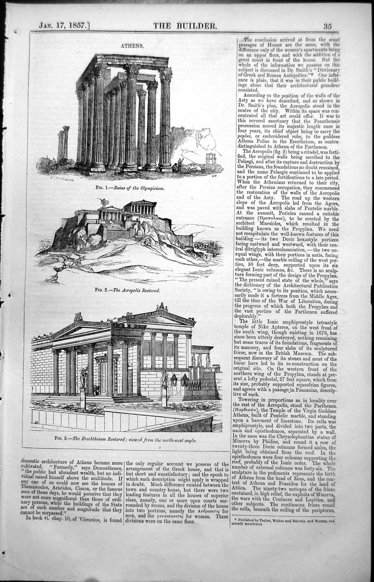 Old Athens Ruins Olympieium Acropolis Restored Erechtheium Restored 1857 19th