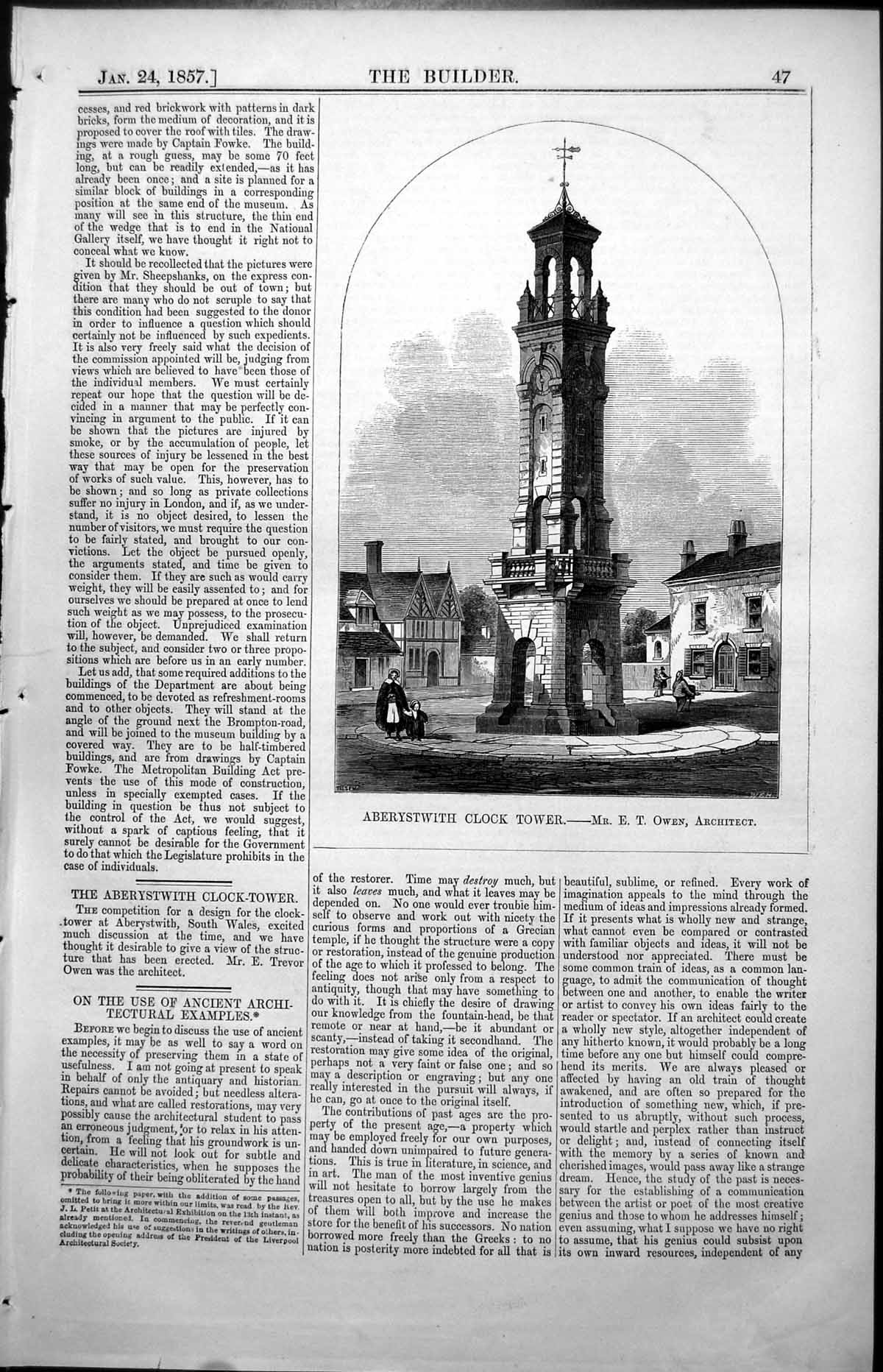 Original Old Antique Print Aberystwith Clock Tower E Trevor Owen Architect 1857