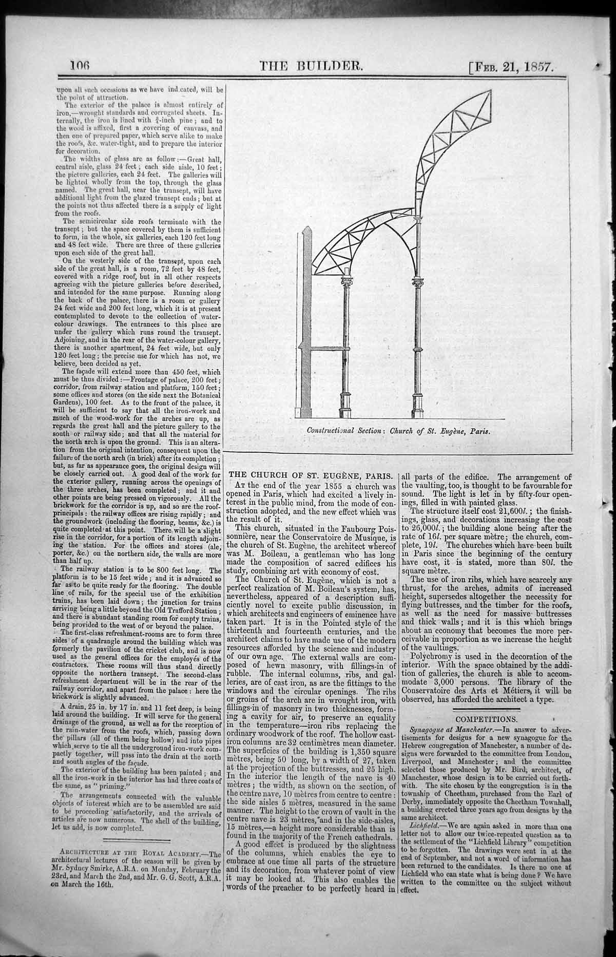 Original Old Antique Print Constructional Section Church St Eugene Paris 1857