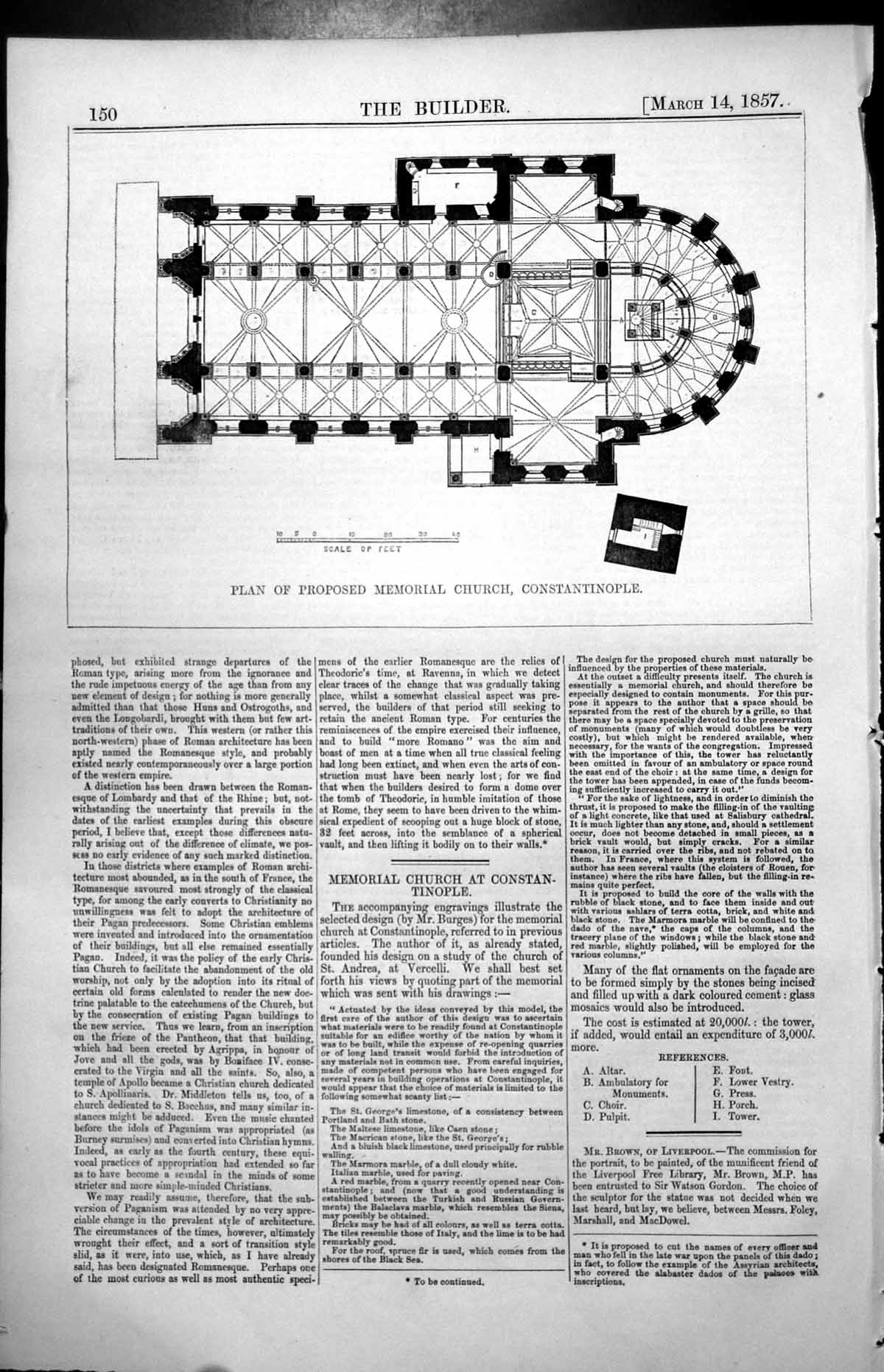 Antique Old Print Plan Proposed Memorial Church Constantinople Mr Burges 1857