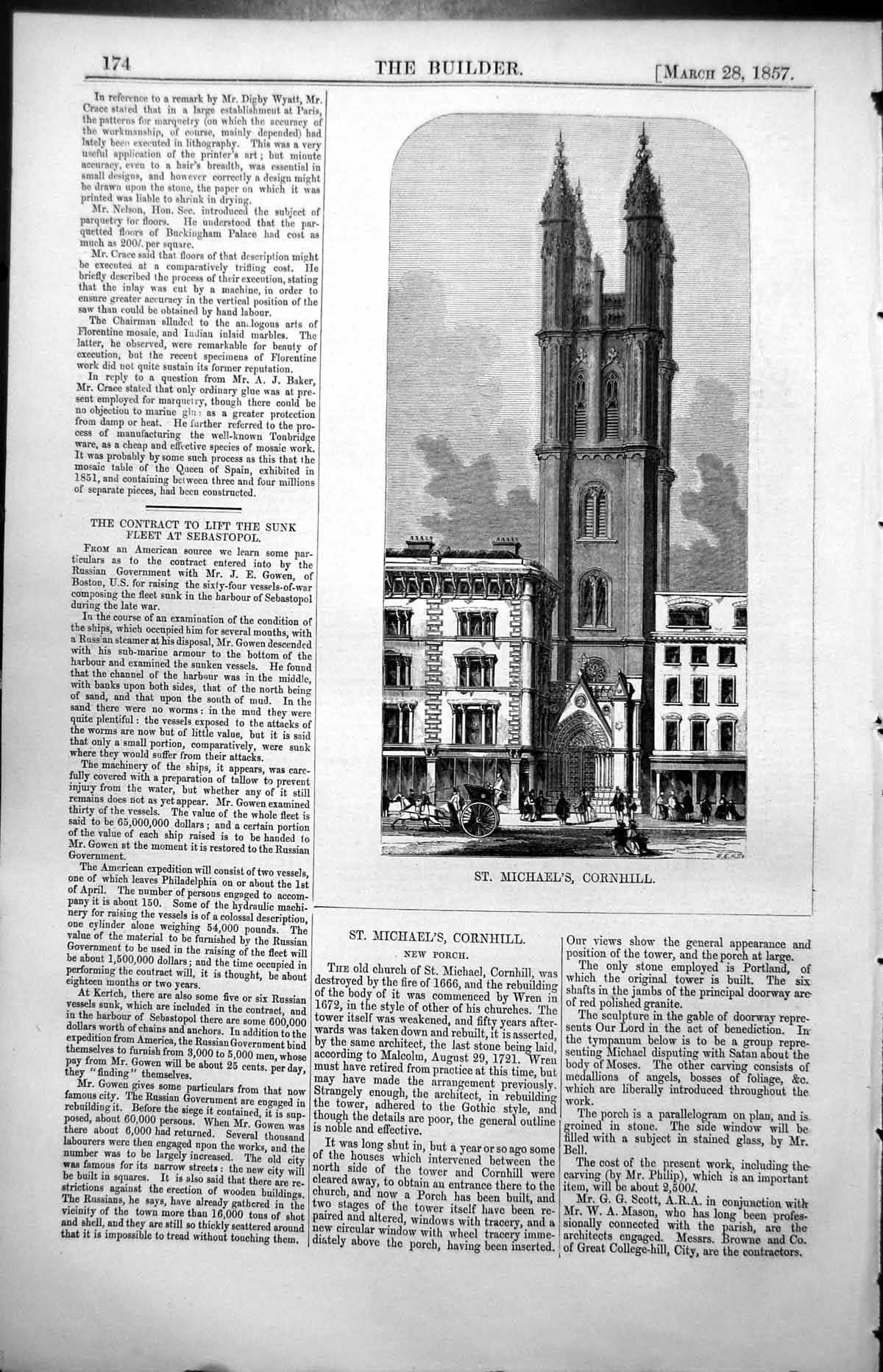 Old Print New Porch Tower St Michaels Church Cornhill Scott & Mason 1857 19th