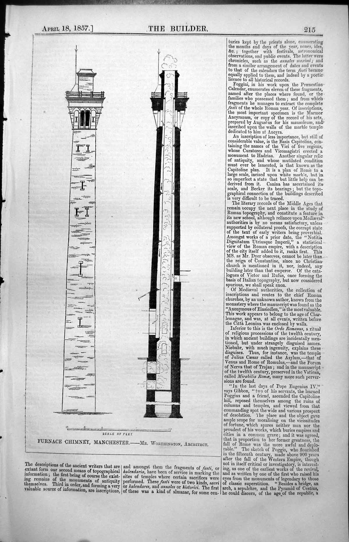 Antique Old Print Furnace Chimney Manchester Mr Worthington Architect 1857 19th