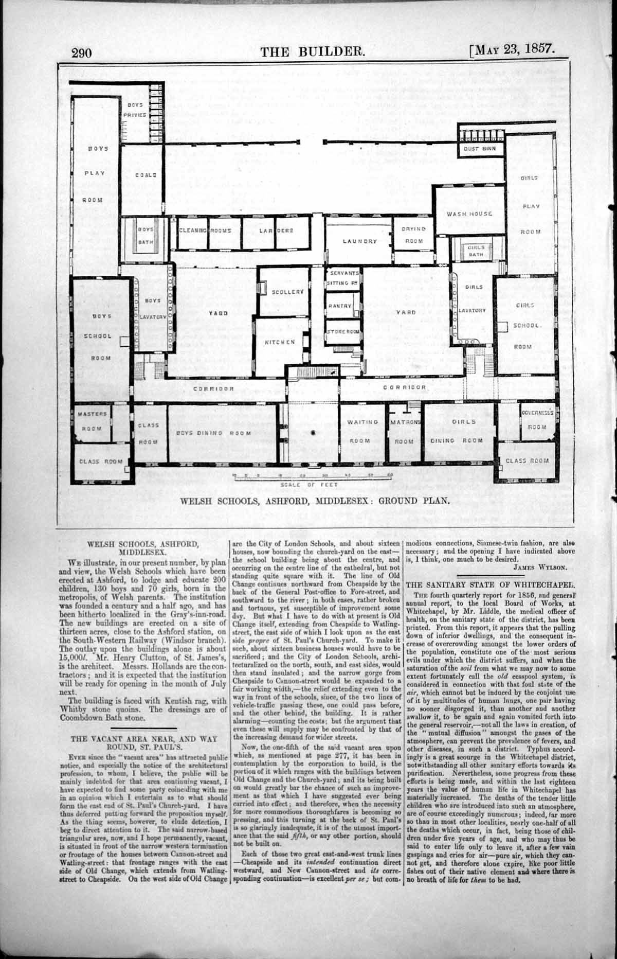 Antique Old Print Welsh Schools Ashford Middlesex Ground Plan Corridors 1857