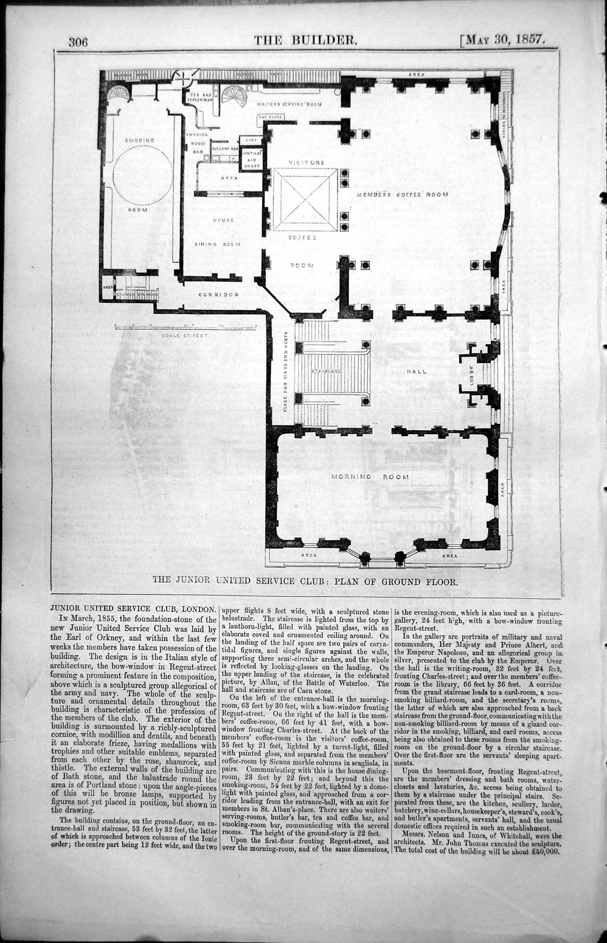 Old Print Junior United Service Club Plan Ground Floor Morning Room 1857 19th
