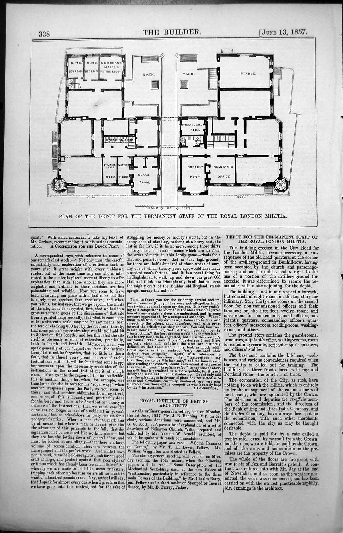 Original Old Antique Print Plan Depot Permanent Staff Royal London Militia 1857