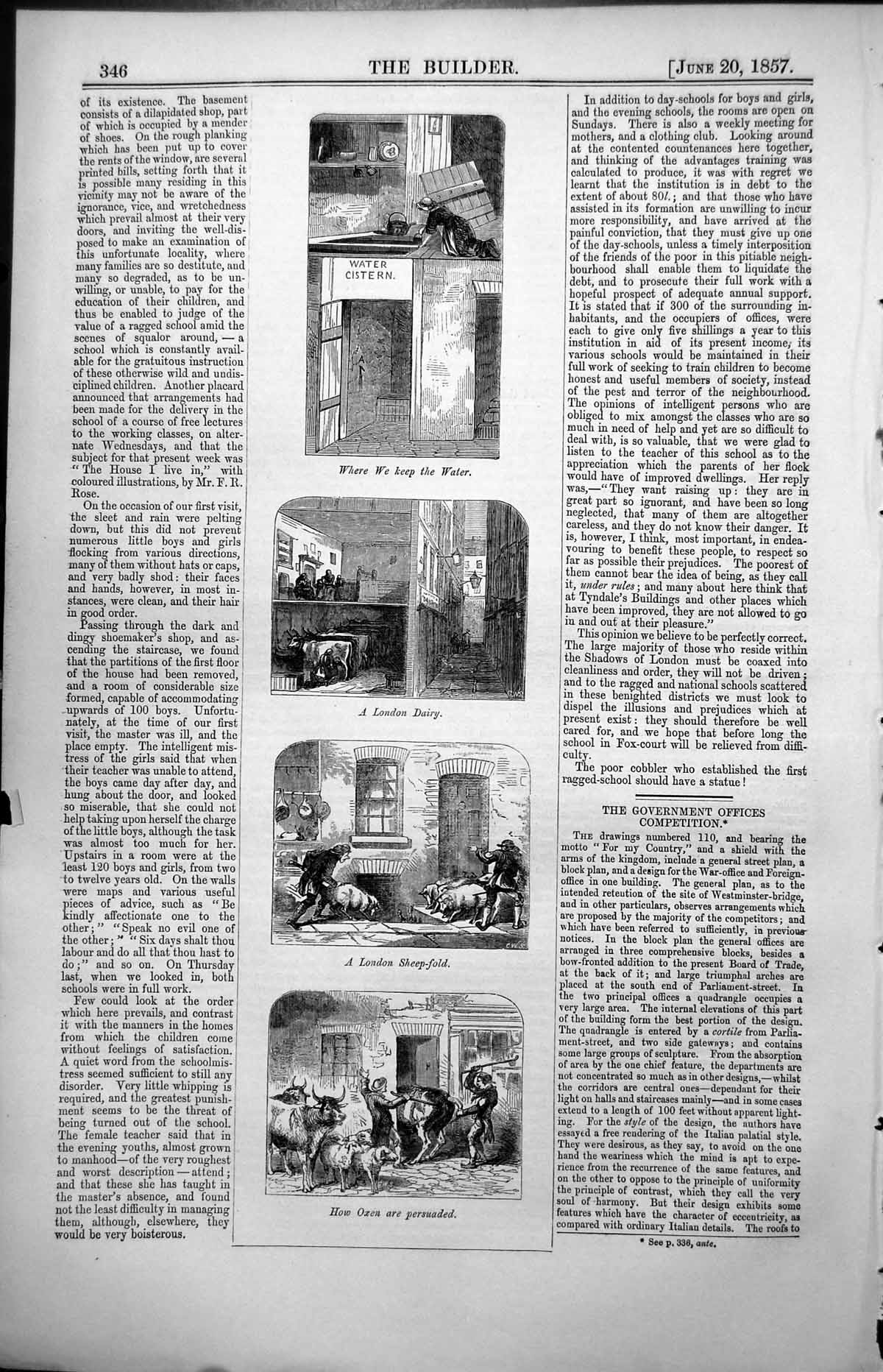 Antique Old Print Water Cistern London Dairy London Sheep FDriving Oxen 1857