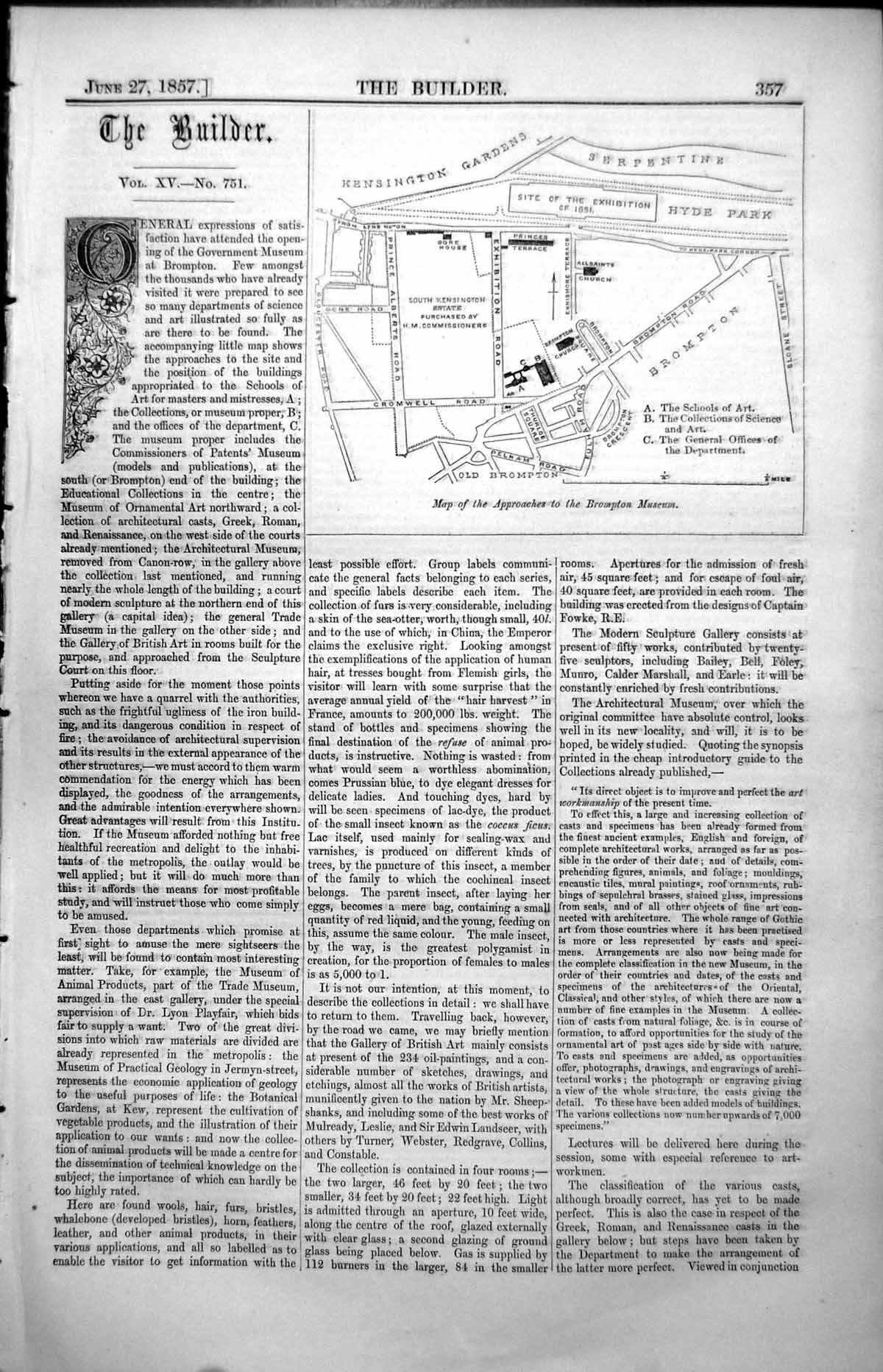 Antique Print Map Approaches Brompton Museum Schools Art Offices Dept 1857 19th