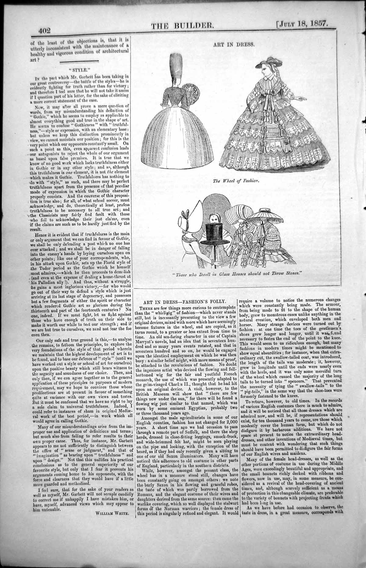 Antique Old Print Art In Dress Fashions Folly Wheel Fashion Dresses Hats 1857