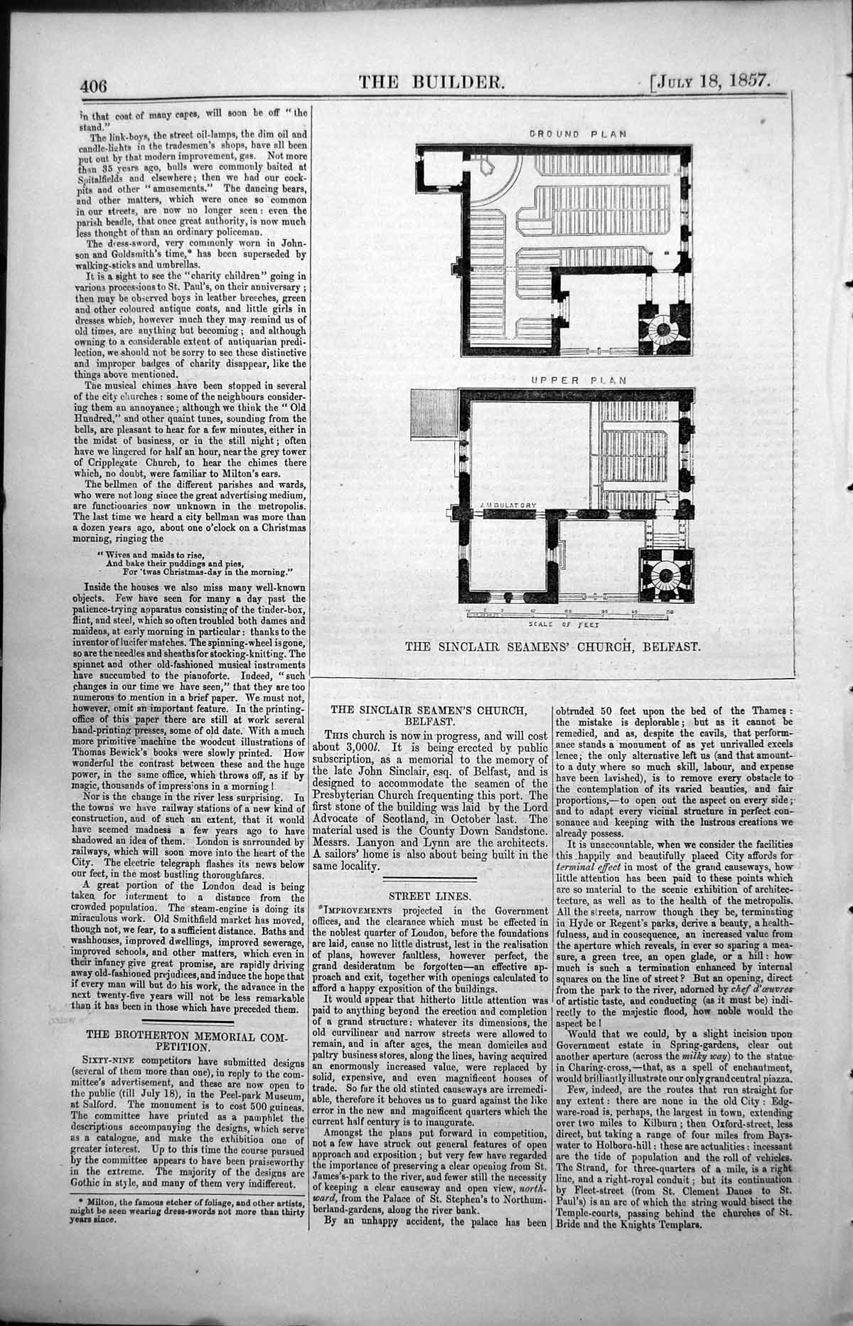 Antique Print Sinclair Seamens Church Belfast Plan Lanyon & Lynn Arch 1857 19th