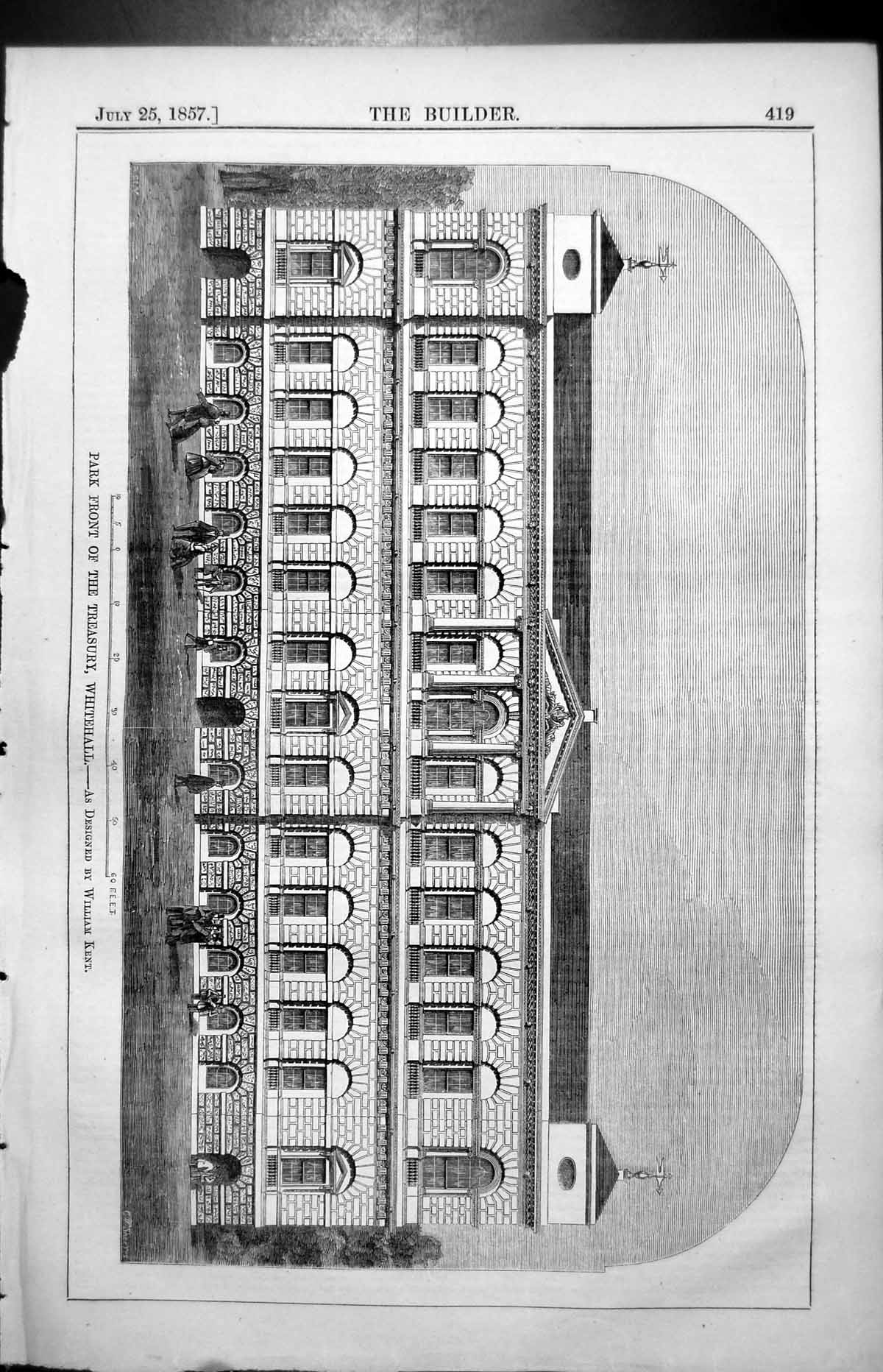 Antique Old Print Park Front Treasury Whitehall Designed William Kent 1857 19th