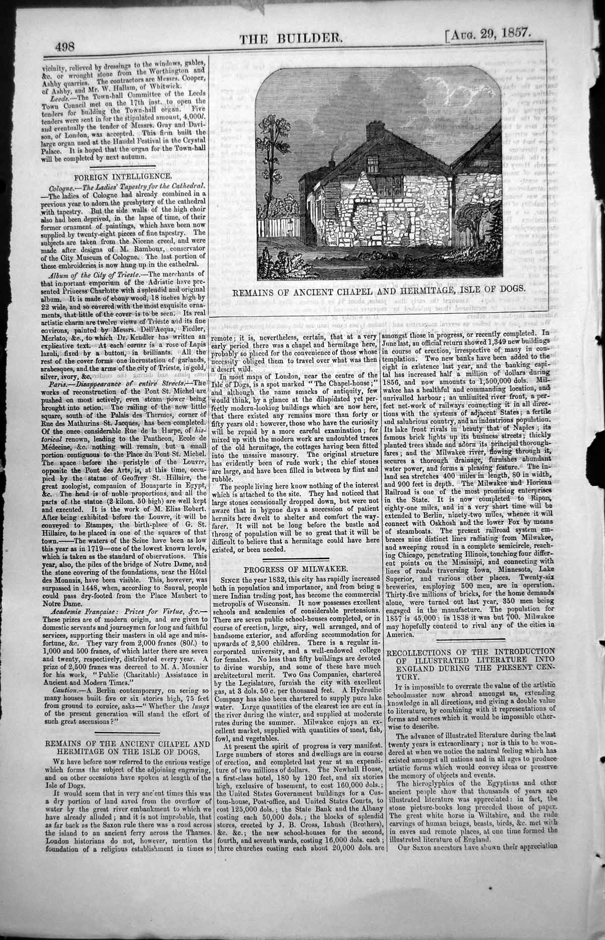 Old Antique Print Remains Ancient Chapel Hermitage Isle Dogs London 1857 19th