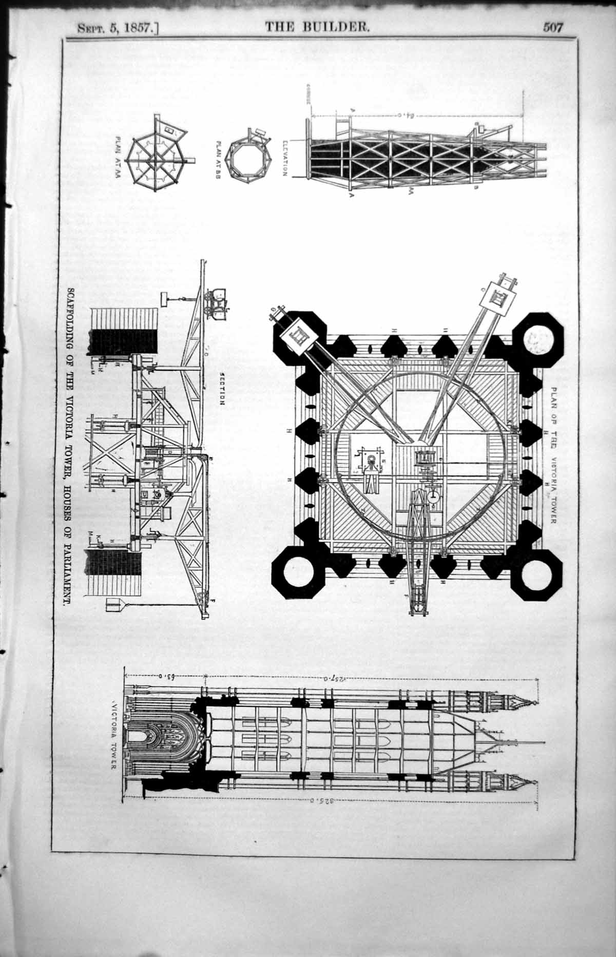 Antique Old Print Scaffing Victoria Tower Houses Parliament Plan Tower 1857