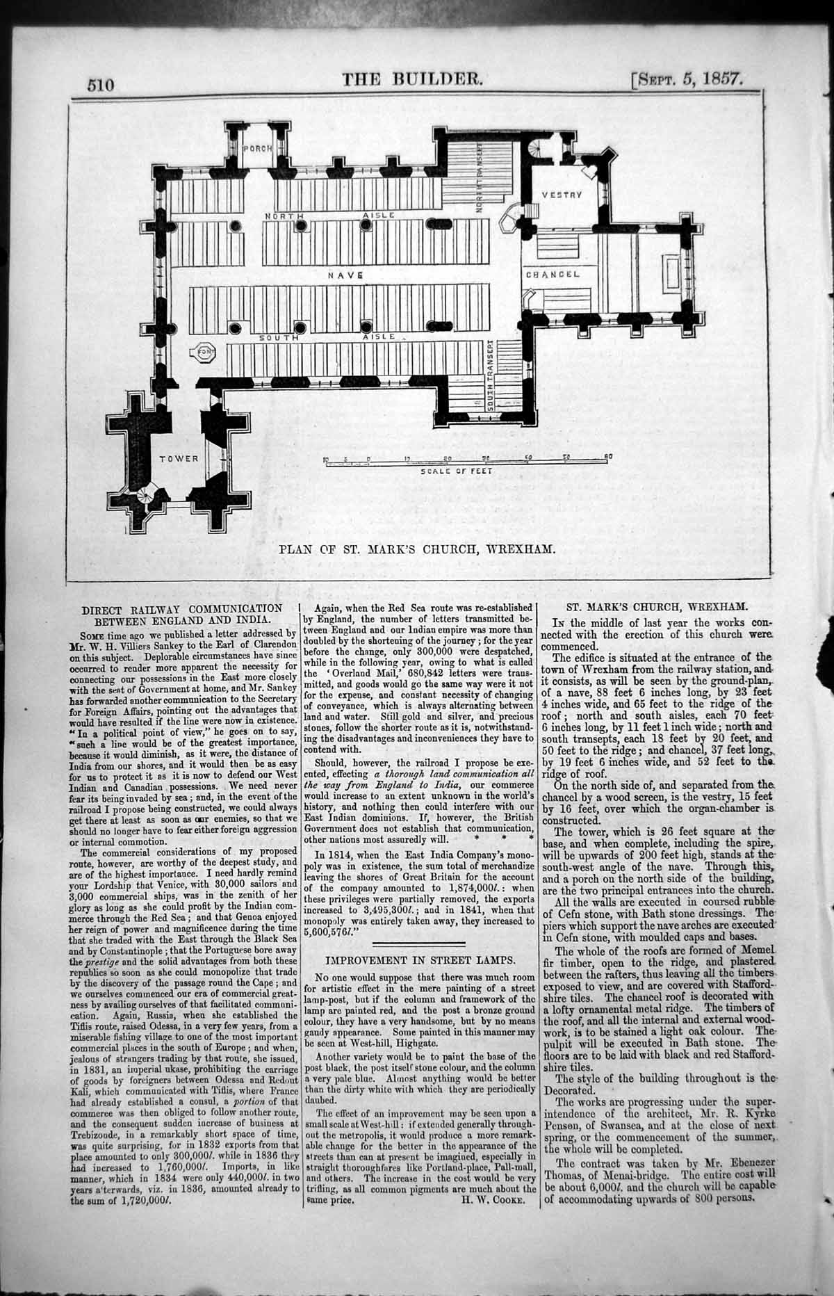 Antique Old Print Plan St Marks Church Wrexham R Kyrke Penson Architect 1857
