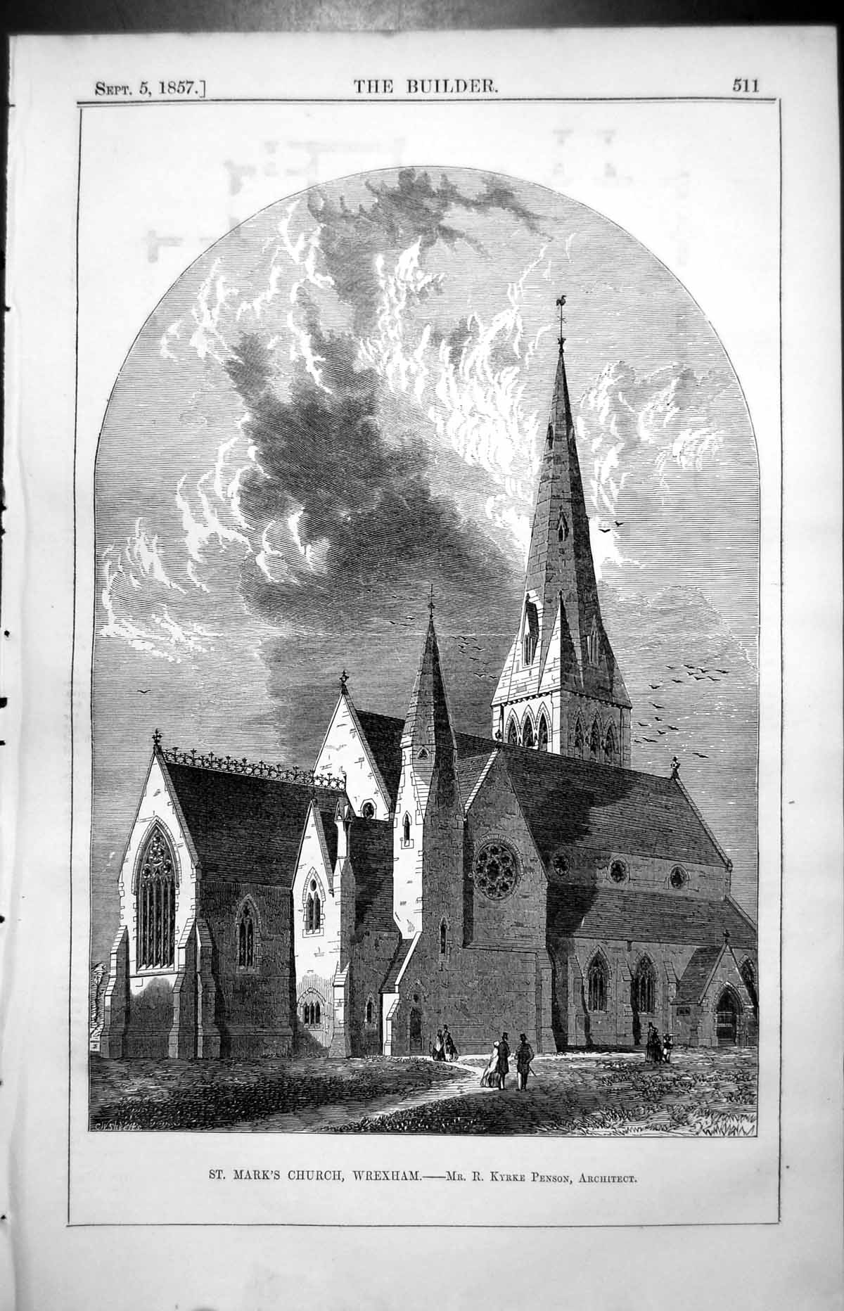 Old Antique Print St Marks Church Wrexham R Kyrke Penson Architect 1857 19th
