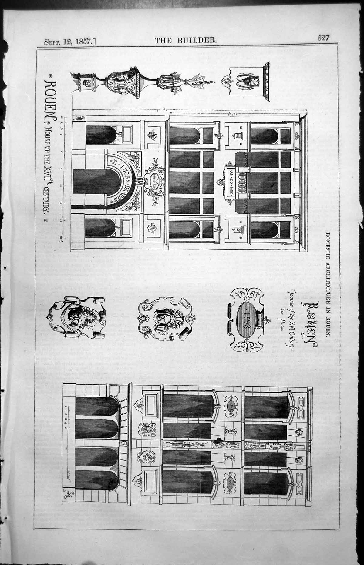 Old Print Domestic Architecture Rouen House Xvi Century Rue Percier 1857 19th