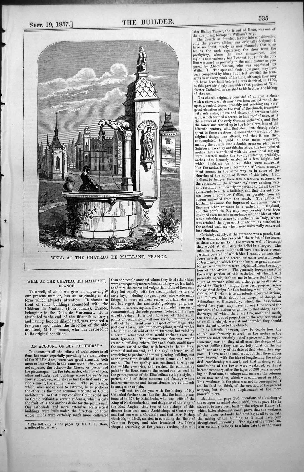 Old Print Well Chateau De Maillant France Restored M Lenormand Arch 1857 19th