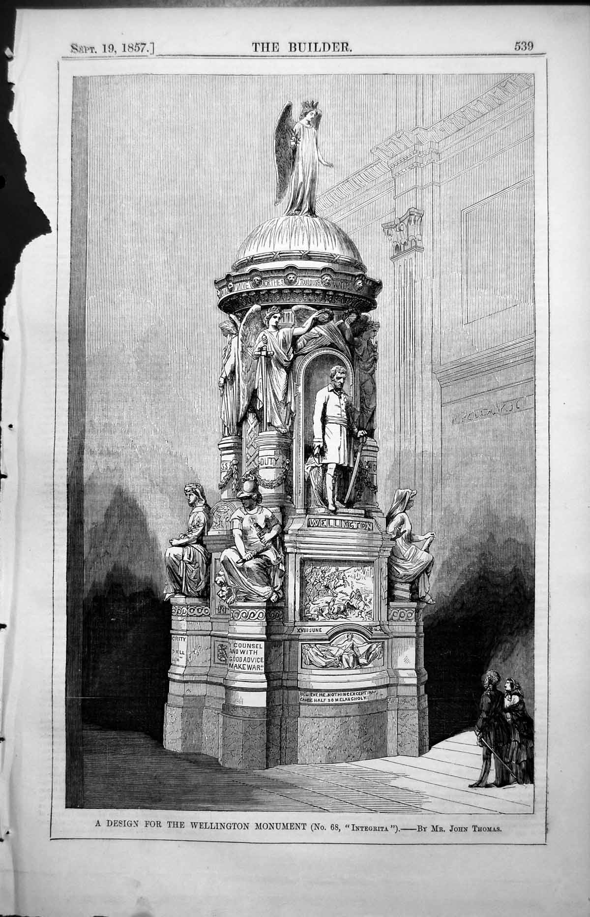 Antique Old Print Design Wellington Monument No 68 Integrita John Thomas 1857