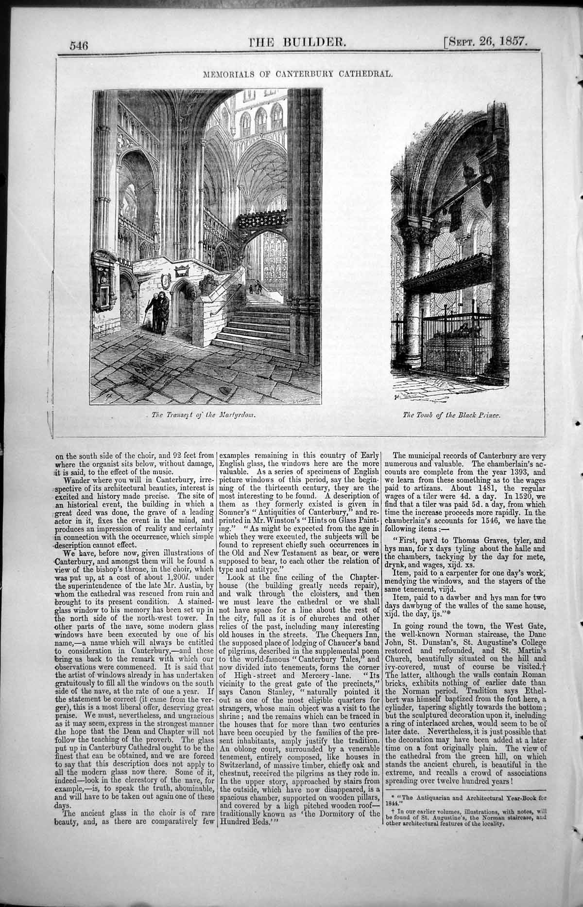 Old Print Memorials Canterbury Cathedral Transept Tomb Black Prince 1857 19th